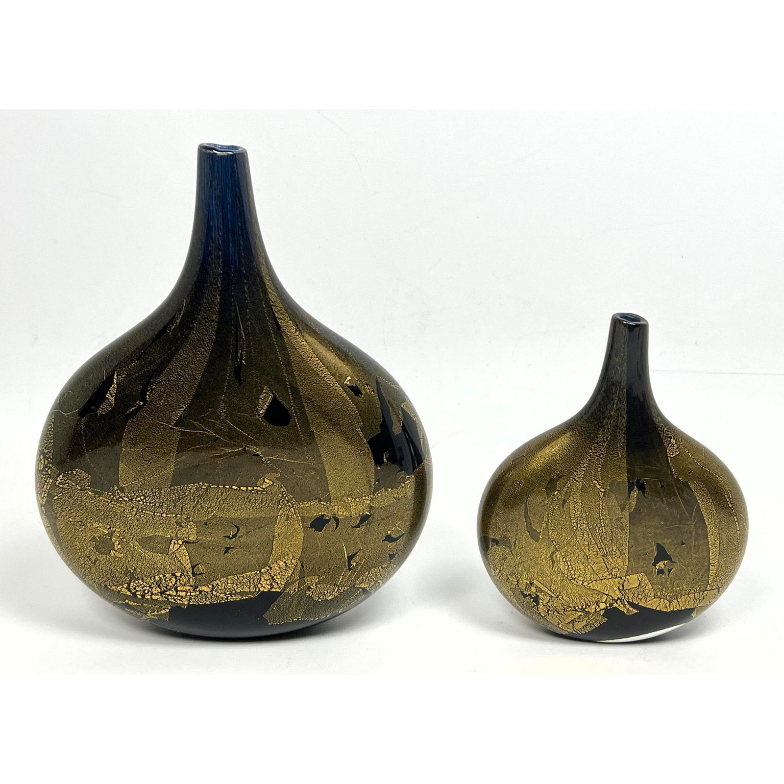 2pc ISLE of WIGHT Studio Art Glass Vases. ENGLAND. Flat Teardrop forms. Gold foil internal design. L (1 of 14)