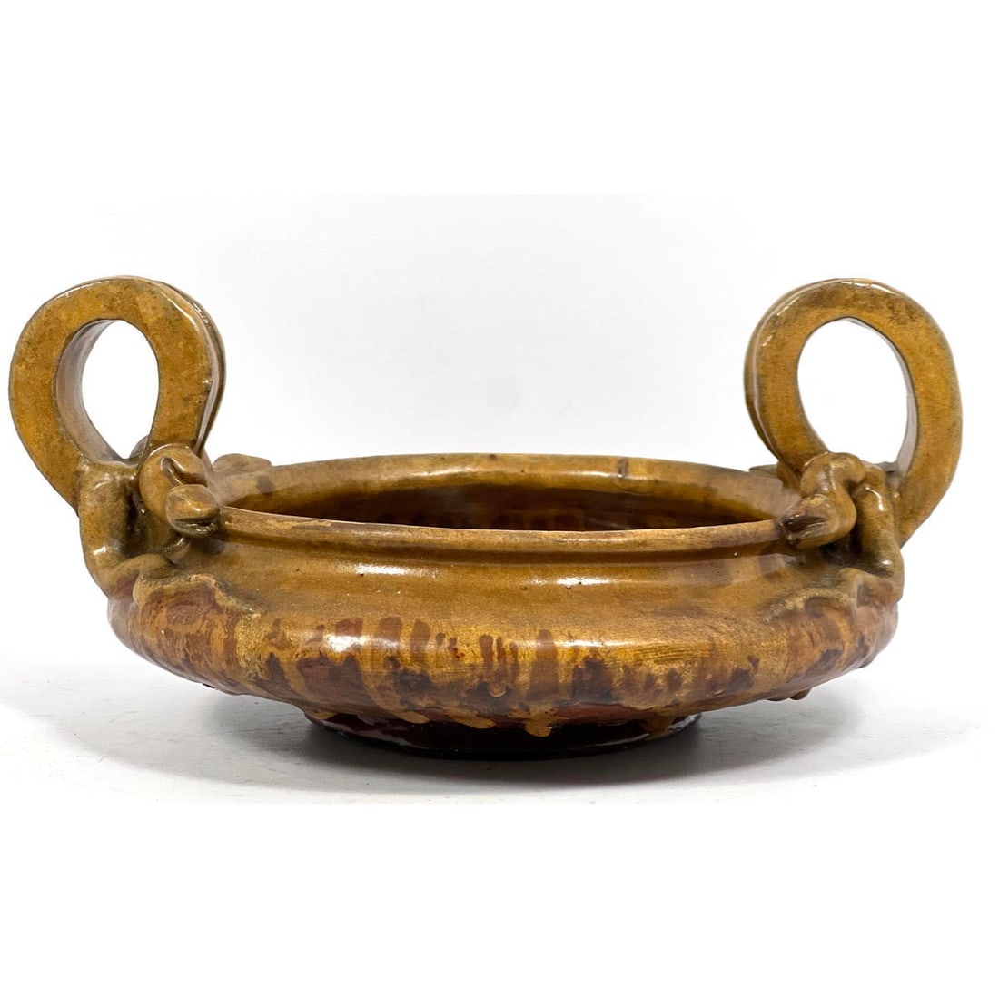 Artist Signed Studio Pottery Handled Bowl. Snake design handles. Drippy Glaze. (1 of 7)