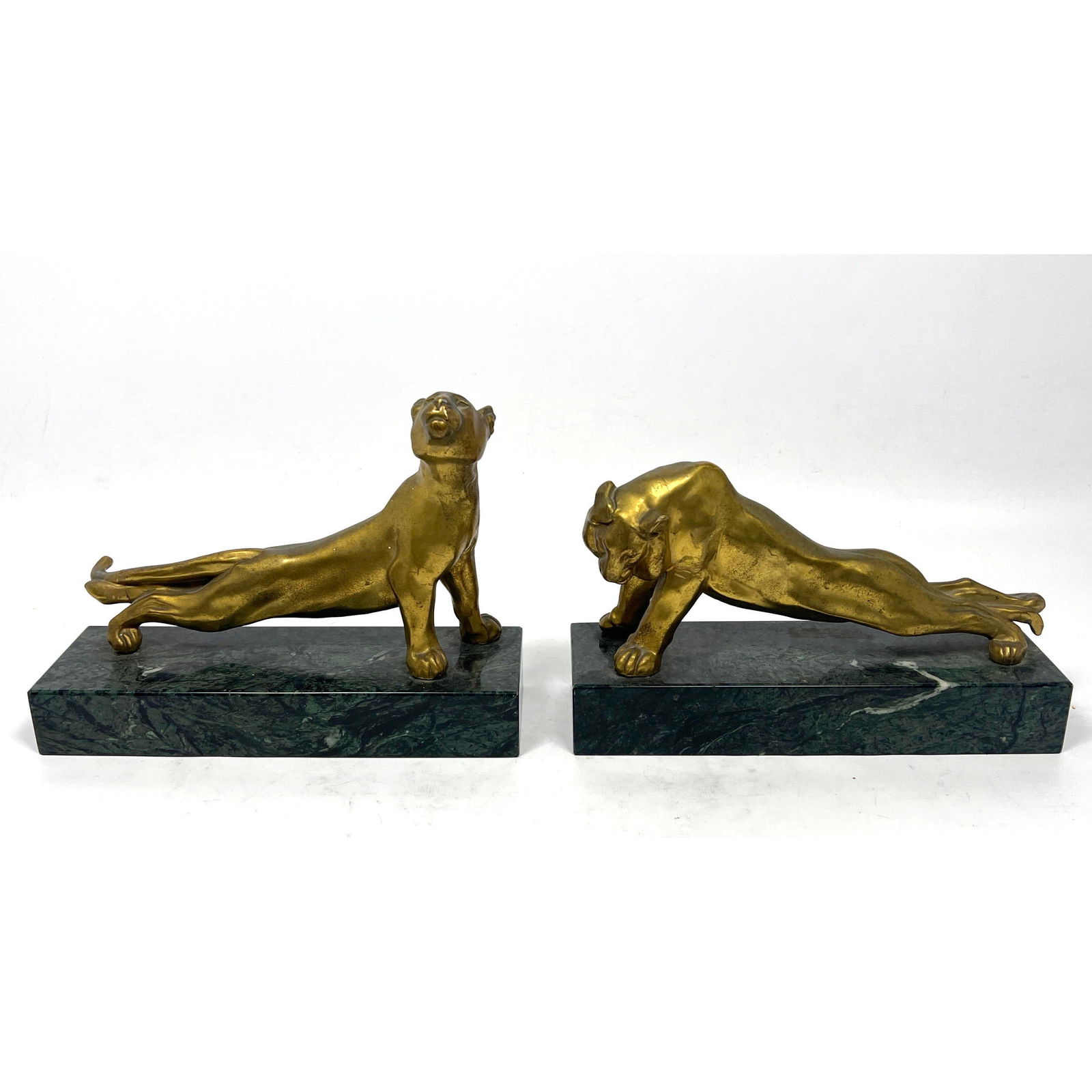 Pr Gilt Metal Stretching Large Cat Sculptures. Marble Bases. Possibly Bookends. (1 of 12)