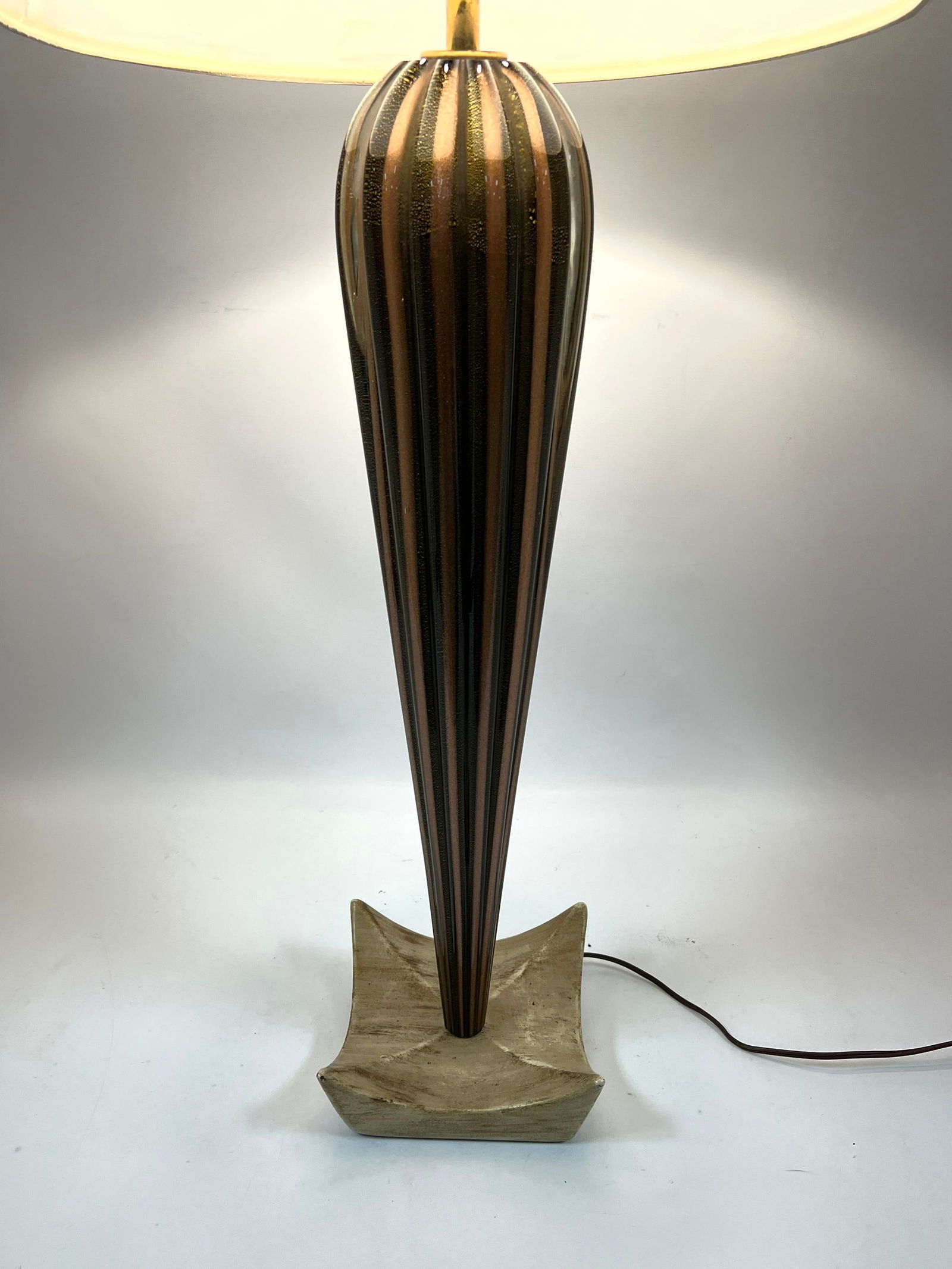 Tall Elegant Murano Glass Table Lamp. Ribbed design. Gold flecks. (1 of 16)