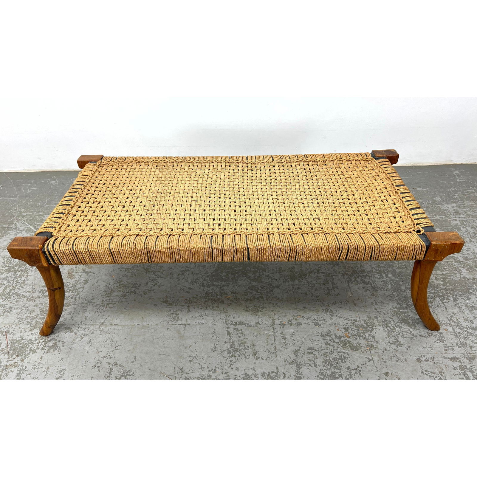 Robsjohn-Gibbings Style Klismos Bench. Wooden bench has 4 curved splayed legs wrapped in woven ratta (1 of 13)