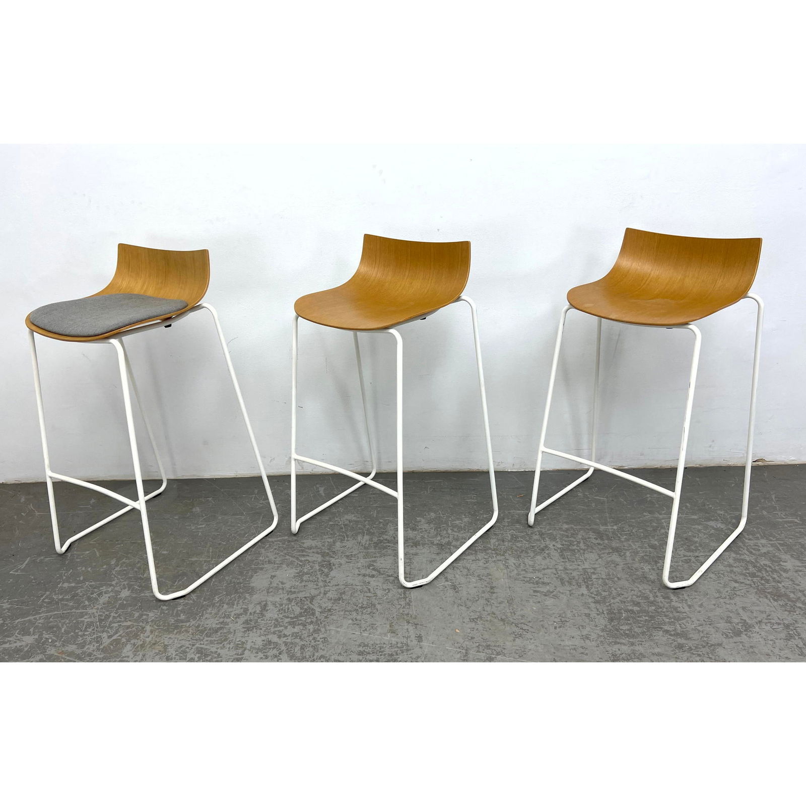Set 3 CARL HANSEN and SON Danish Bar Stools. White Coated Metal Frames support Wood Seat. Stacking. (1 of 20)