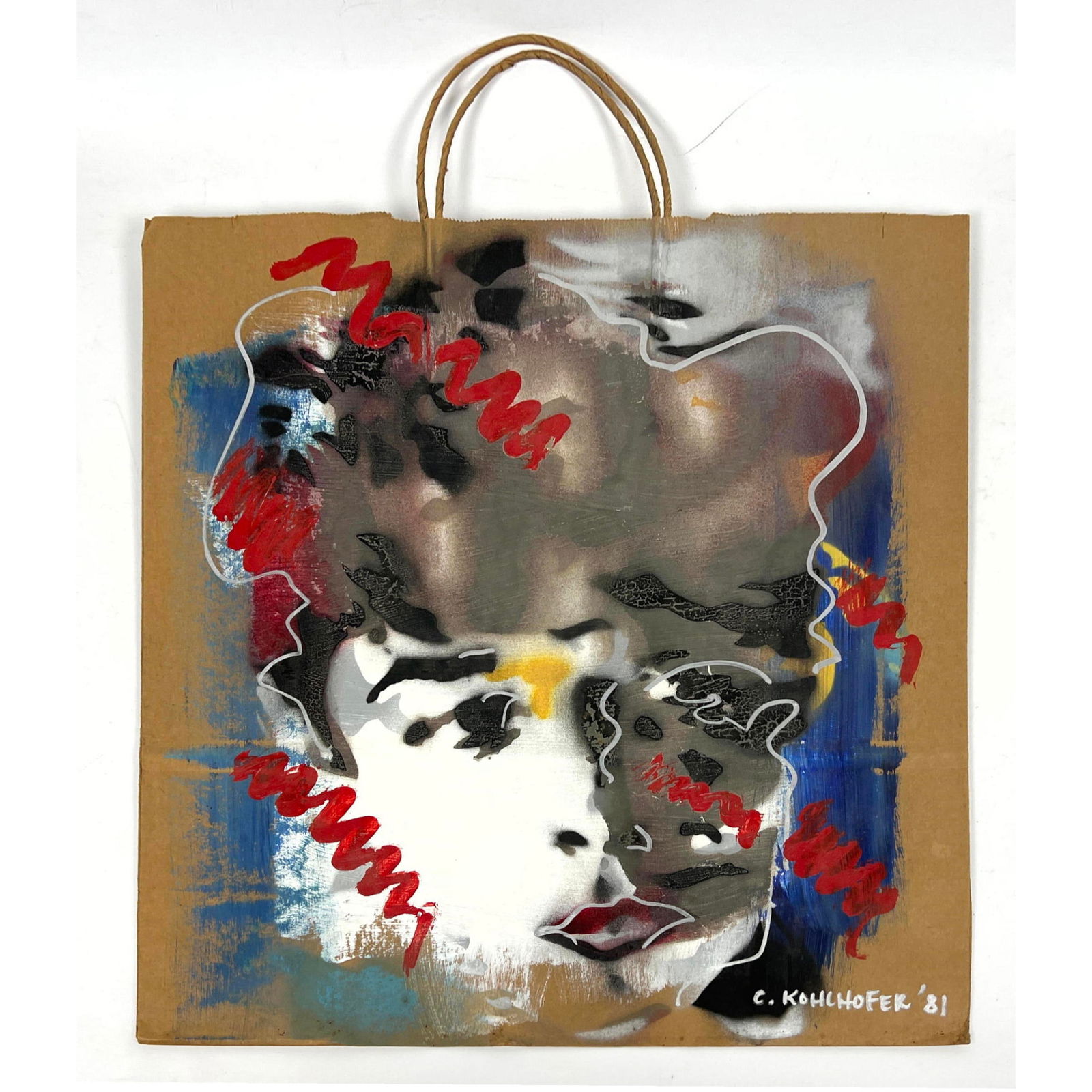 CHRISTOF KOHLHOFER '81 POP Art abstract painting portrait on brown paper shopping bag. Spray paint.: CHRISTOF KOHLHOFER '81 POP Art abstract painting portrait on brown paper shopping bag. Spray paint. Signed. Marked JANE BOWLES writer. And signature again today on bottom. Dimensions: Height: 22 inche