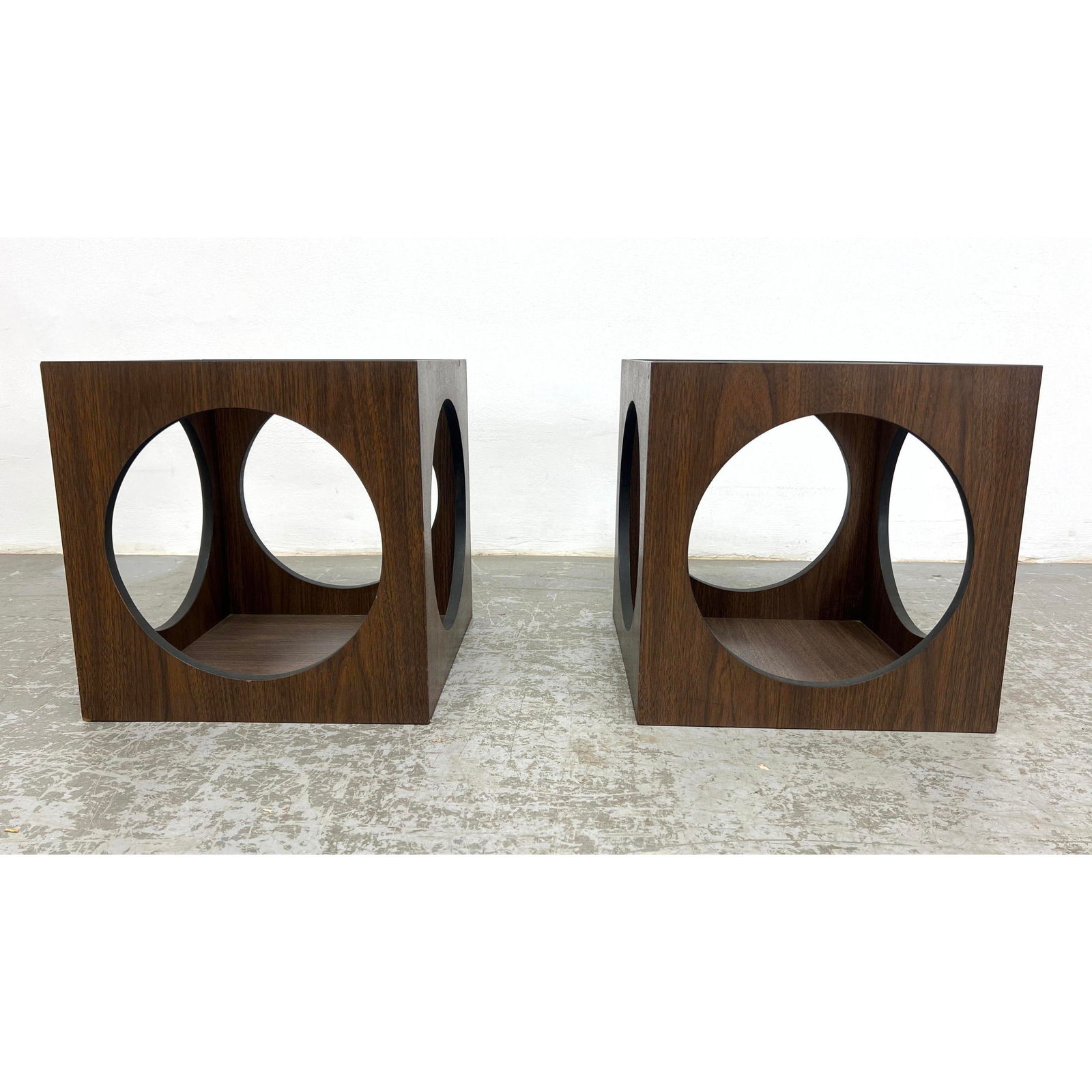 Mid Century Modern Cube Side Tables with Cut Out Circles. Inset glass. Formica (1 of 12)