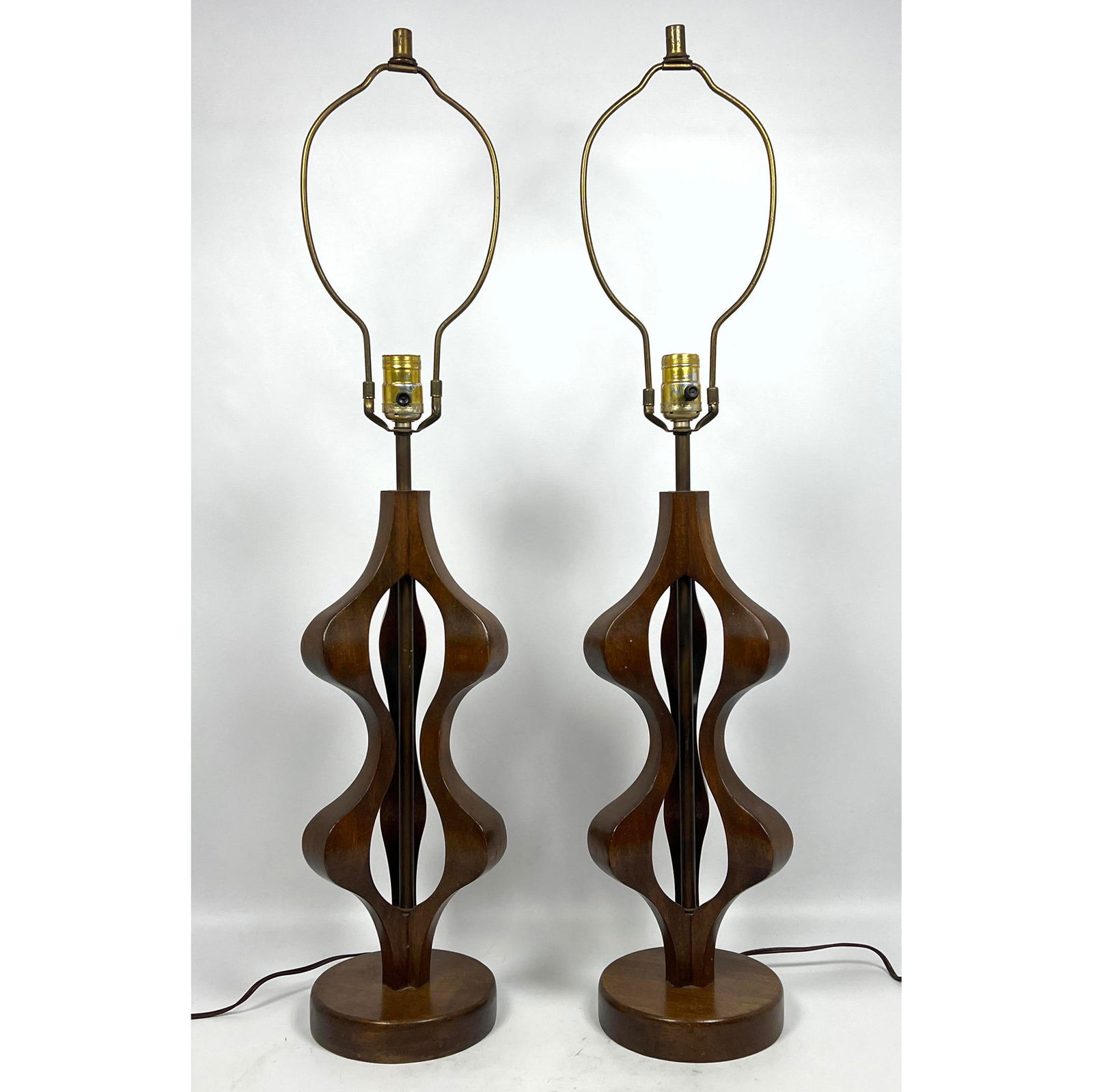 Pr American Modern Walnut Table Lamps. Sculptural wood bases. Modline style. Unmarked. (1 of 13)