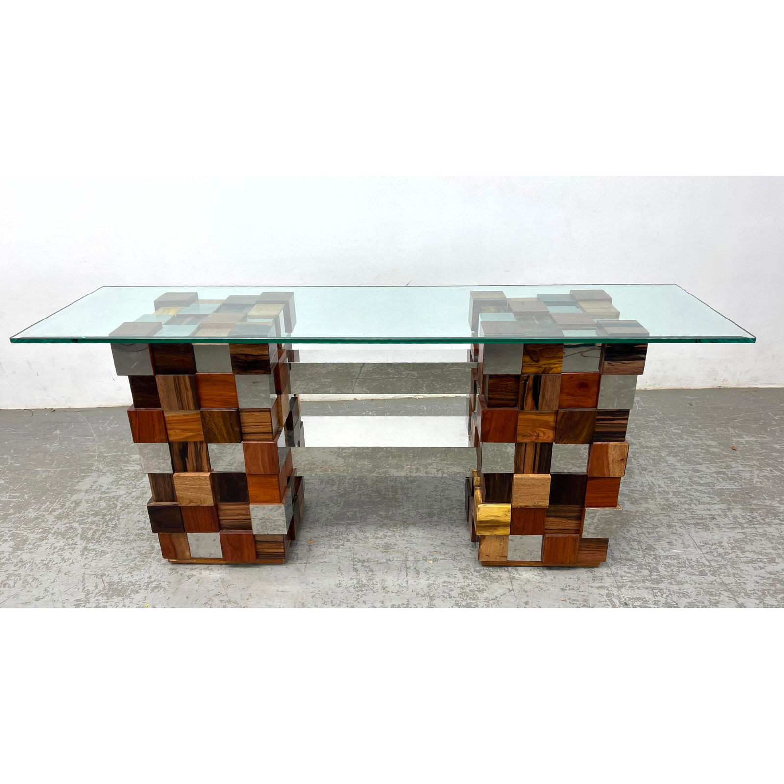 Oggetti Cubes Wood and Chrome "Block" Design Console Hall Table. Double Pedestal Base. Mixed Exotic (1 of 11)