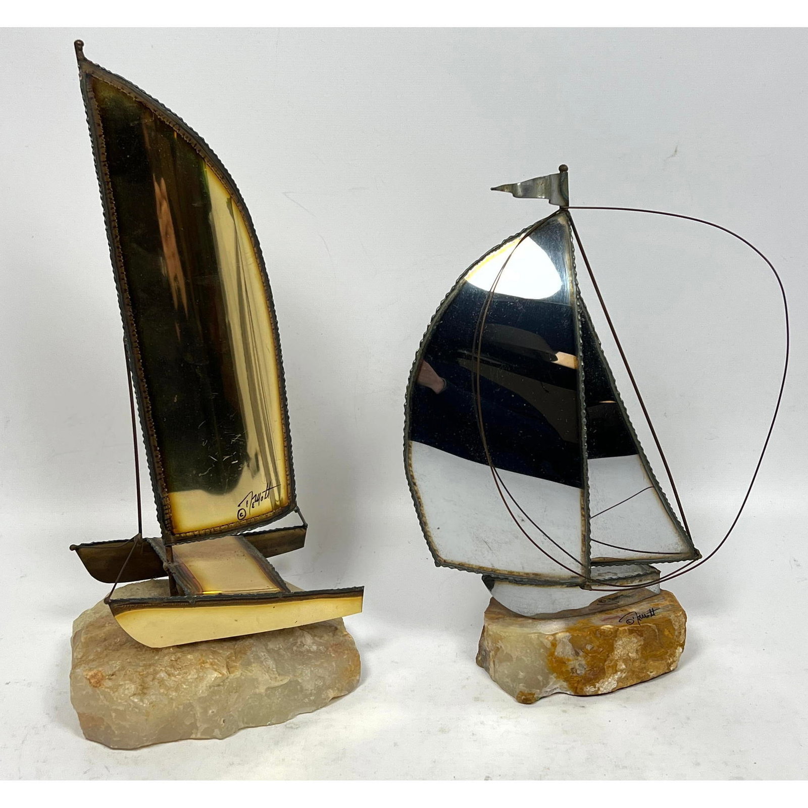 2Pc DeMott Brutalist boat table sculpture. Catamaran and Sail Boat. Signed.: 2Pc DeMott Brutalist boat table sculpture. Catamaran and Sail Boat. Signed. Dimensions: Height: 12 inches, Width: 6 inches, Depth: 4.5 inches. --- US Packing and Shipping charge: In house shipping ava