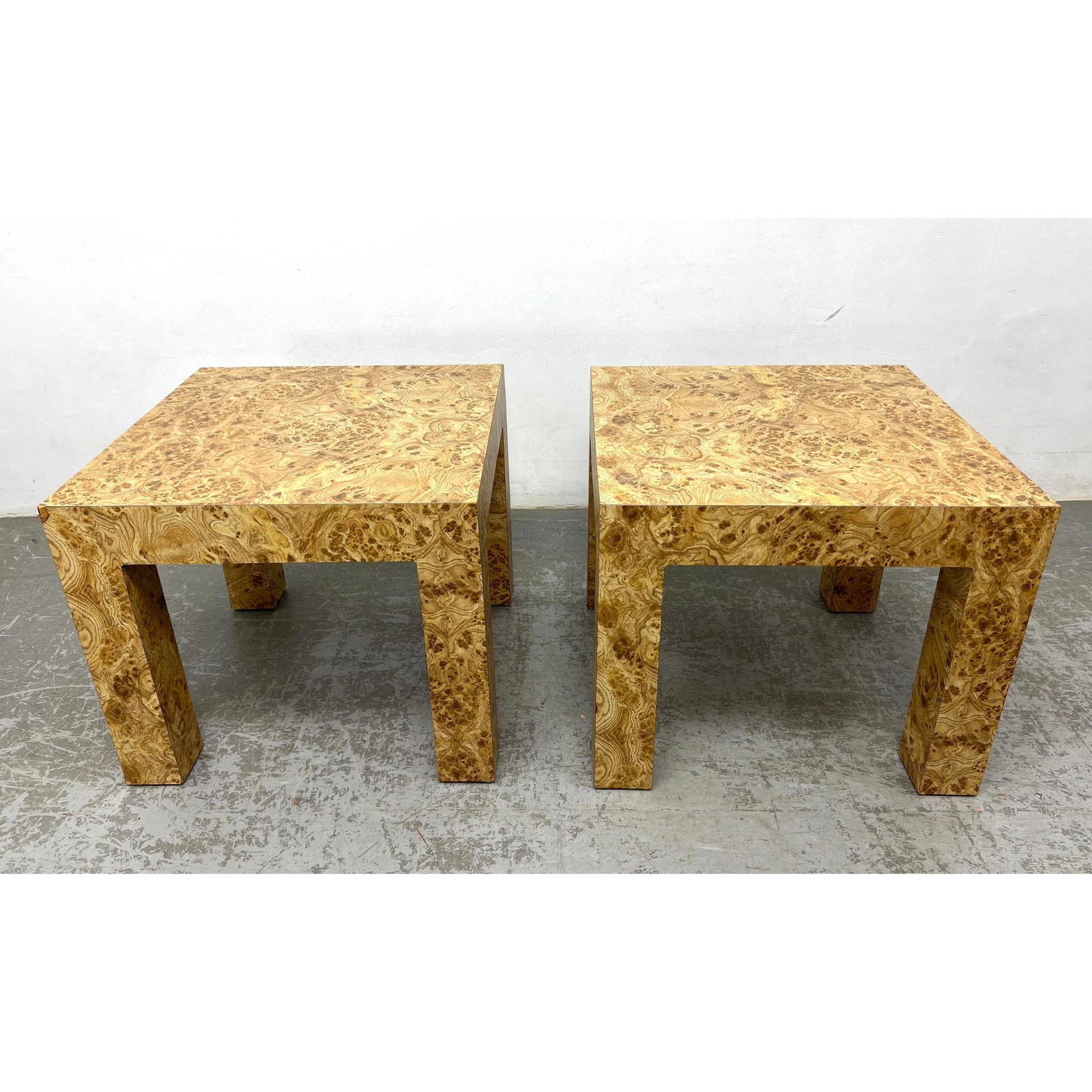 Pr Faux Burl Wood Laminate Side End Tables. Modernist Parsons style form. (1 of 13)