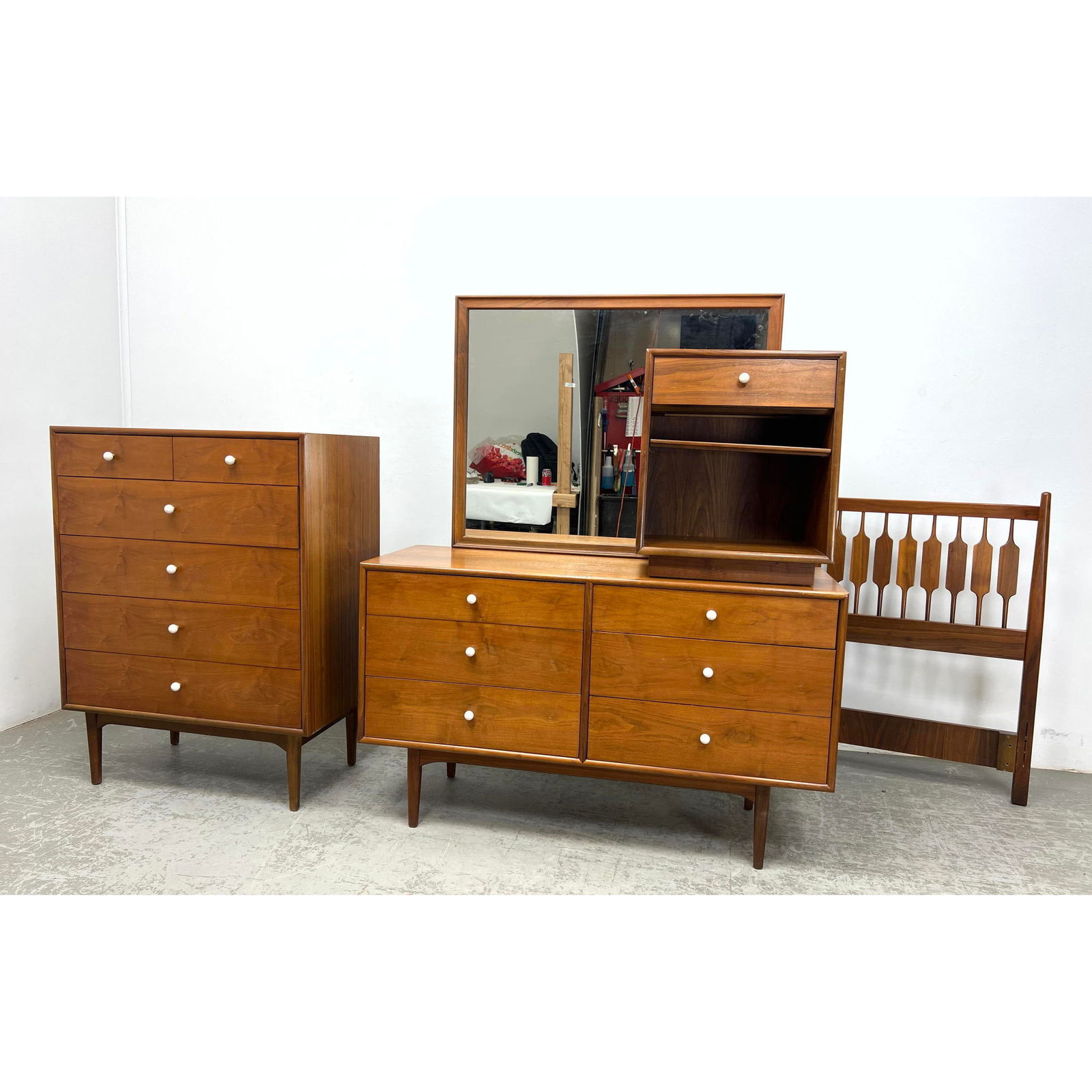 5pc DREXEL Kipp Stewart American Modern Walnut Bedroom Set. Tall chest, Low Dresser, Night Stand, Mi (1 of 20)