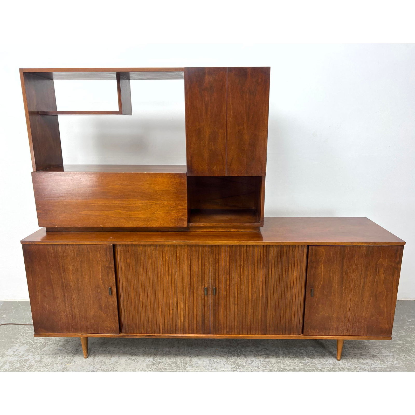 2pc American Modern Walnut Credenza Hutch. MATECO Stereo Cabinet. Tambour Doors. 2 Pieces. (1 of 19)