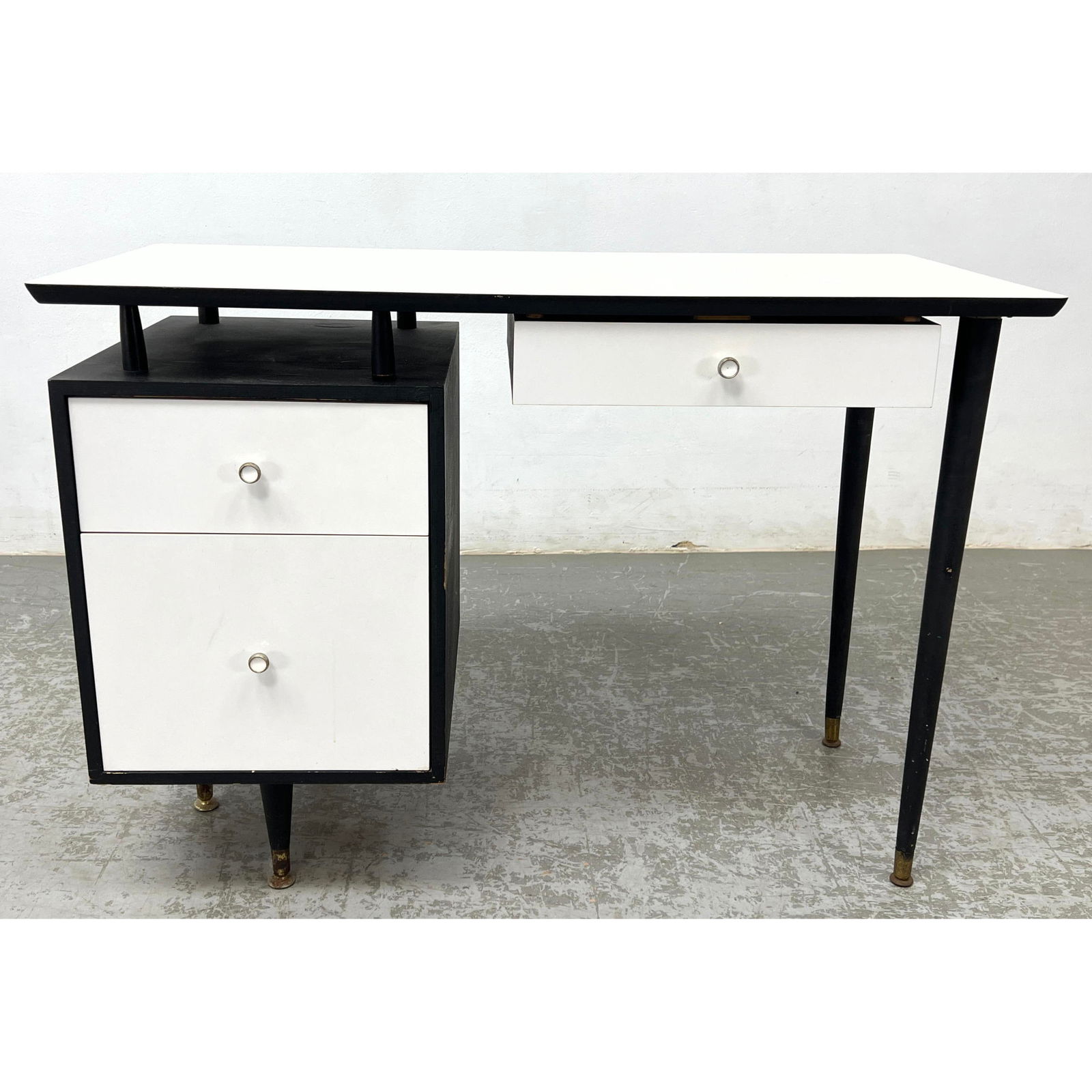ARDEN Black and White Modernist Desk. Ebonized Wood Cabinet. White Laminate Top and Facades. Marked (1 of 13)