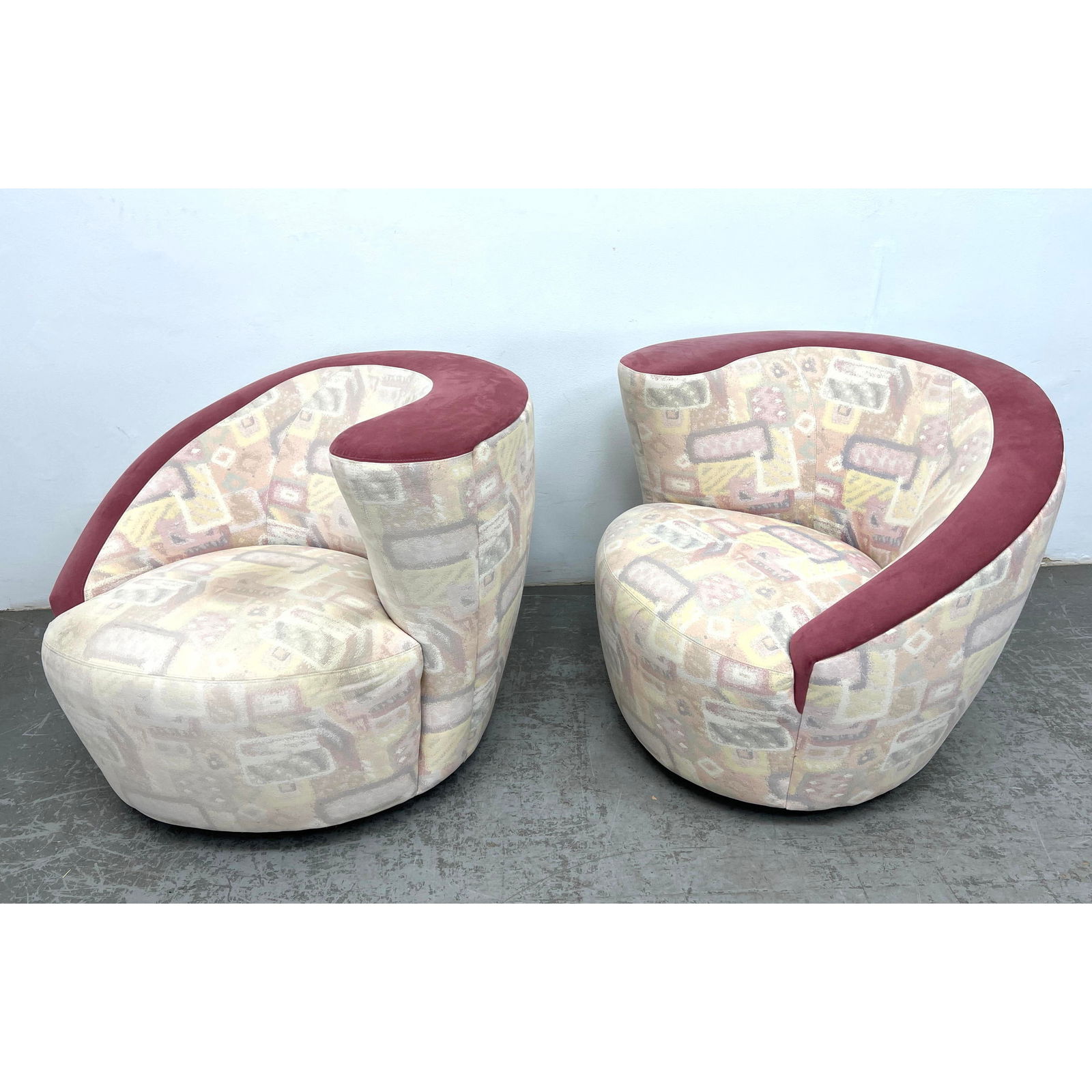 Pr Nautilus style Swivel Lounge Chairs. Tapered Curved Silhouette. Patterned upholstery with contras (1 of 11)