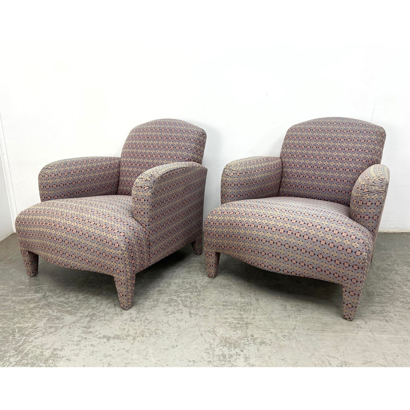 Pr DONGHIA Upholstered Lounge Chairs. Fully covered in patterned fabric. Label. (1 of 14)