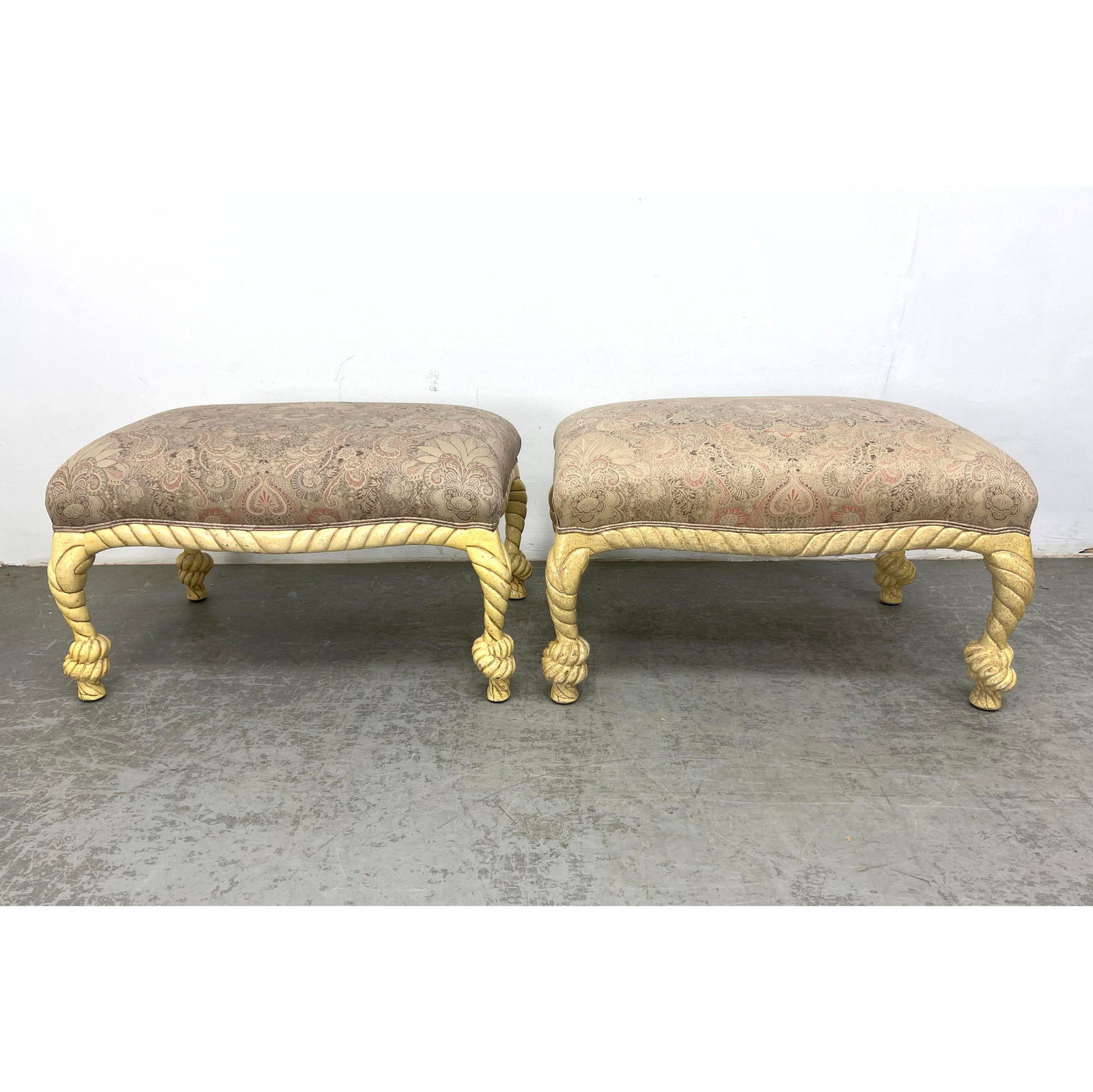 Pr Decorator Upholstered Stools Benches. Cream painted Carved Wood Twisted Rope and Knot Design Fram (1 of 20)