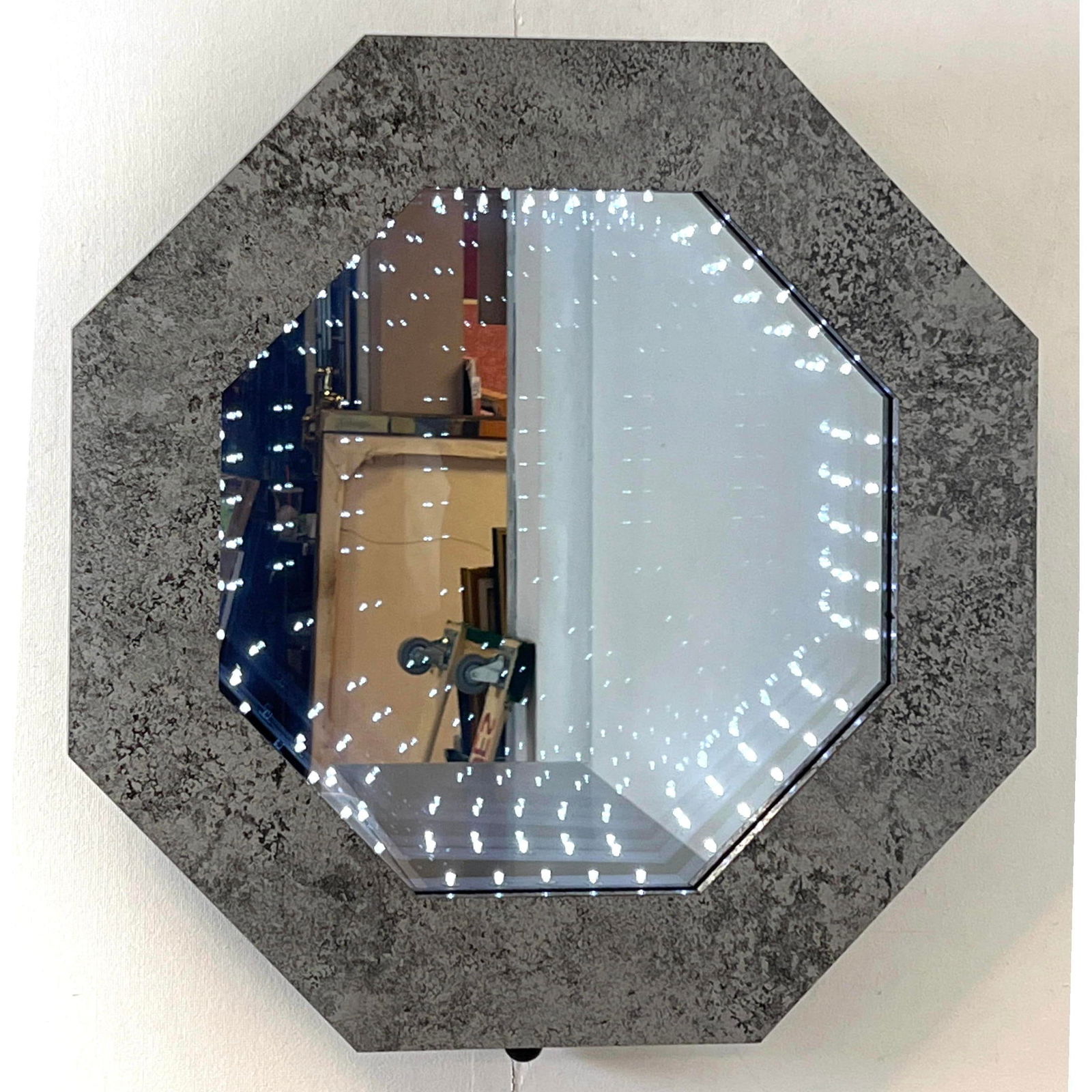 Douglas Durkee 2011 Infinity mirror. Battery operated with angle adjustment. Signed on back and labe: Douglas Durkee 2011 Infinity mirror. Battery operated with angle adjustment. Signed on back and labeled. Dimensions: Height: 23.5 inches, Width: 22.5 inches, Depth: 3.5 inches. --- US Packing and Ship