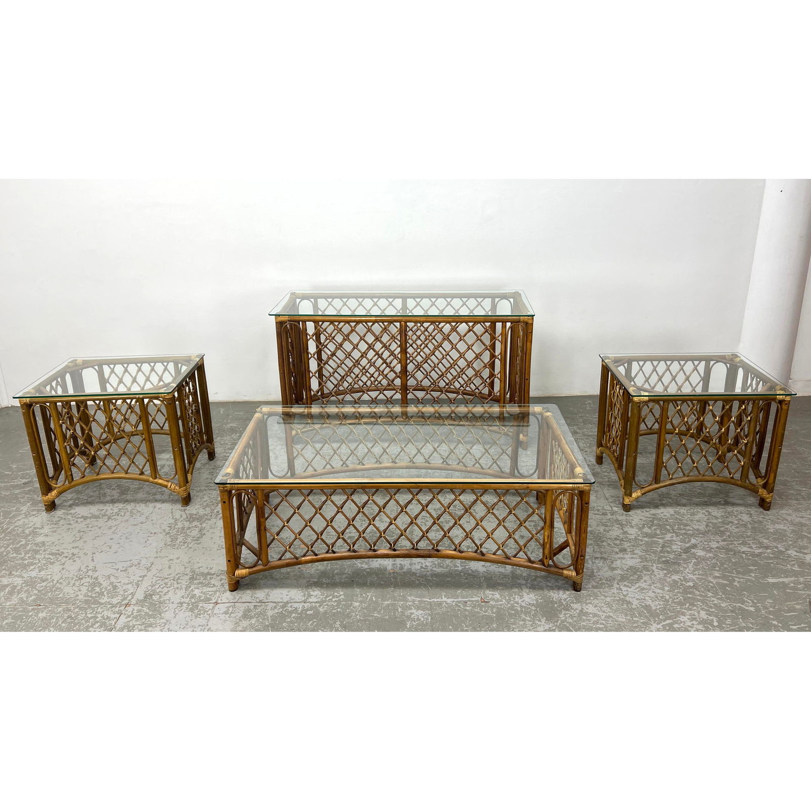 4pc Set Rattan Bamboo Tables. Console, Coffee and Pair Side Tables. Glass Tops. (1 of 20)