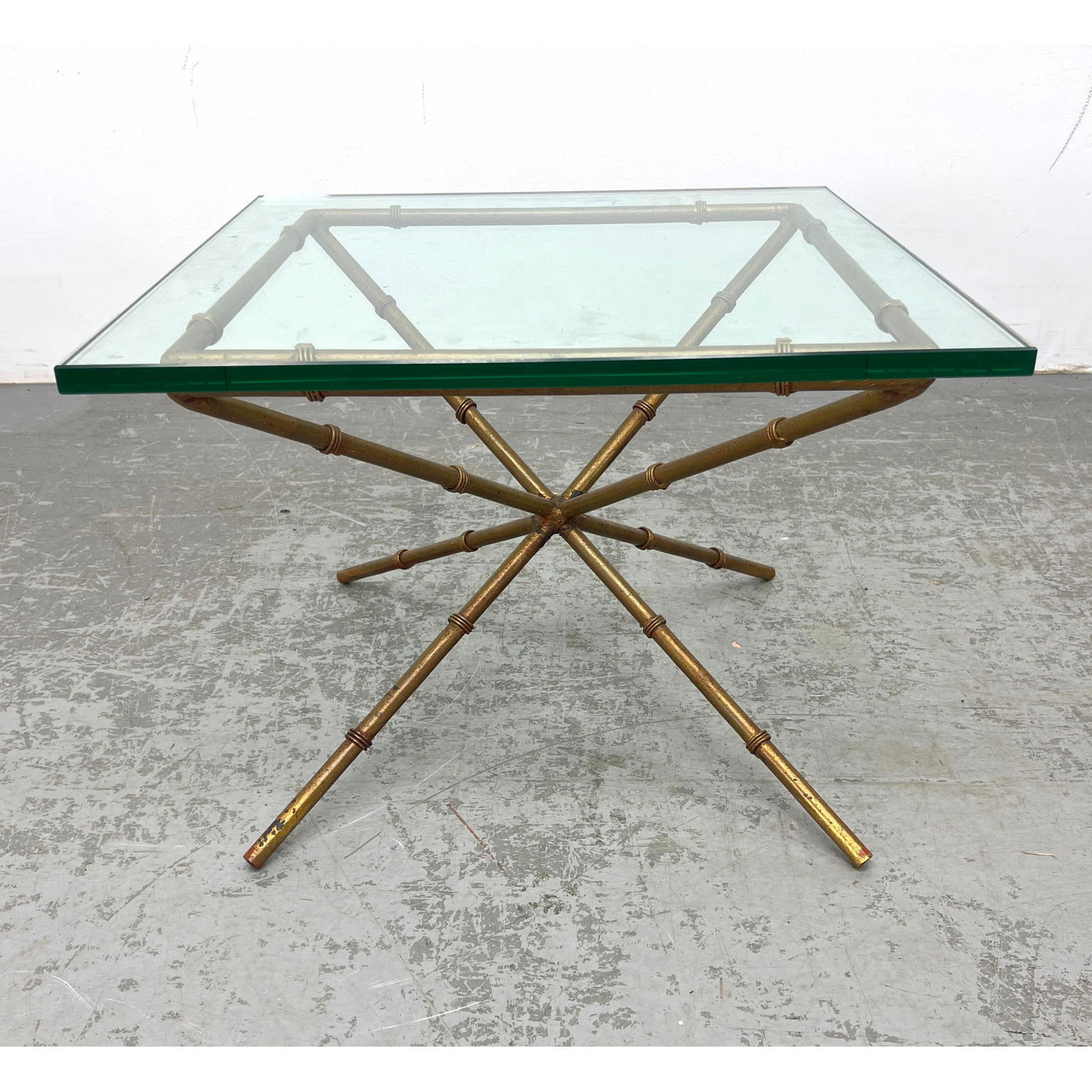 Faux Bamboo and Glass side table. Starburst design with Thick Glass Top. Gilt metal. Probably Italia (1 of 11)