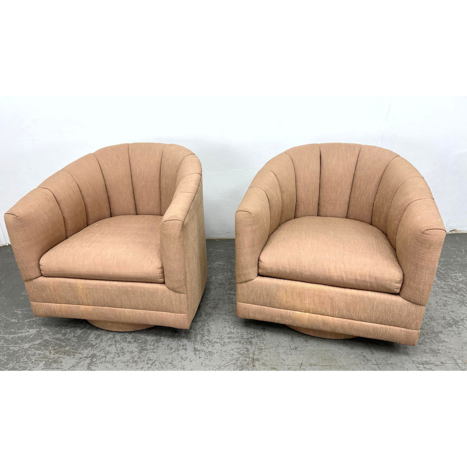 Pr PRECEDENT Swivel Barrel Back Lounge Chairs. Channel Upholstered Backs. Label. (1 of 15)