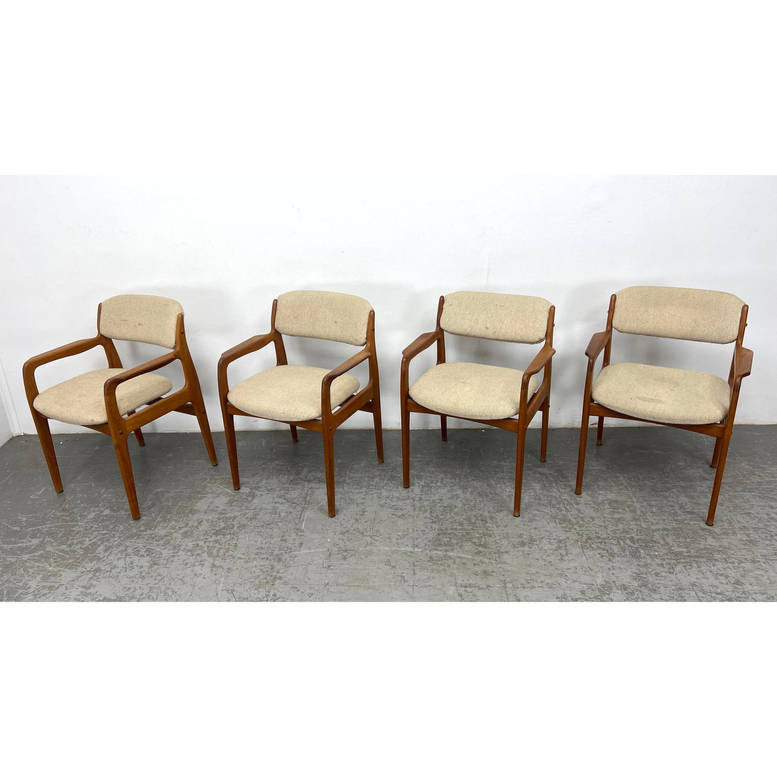 Set 4 Danish Modern Teak Arm Dining Chairs.: Set 4 Danish Modern Teak Arm Dining Chairs. Dimensions: Height: 31 inches, Width: 22.5 inches, Depth: 22.5 inches. - Seat Height: 18 inches ---