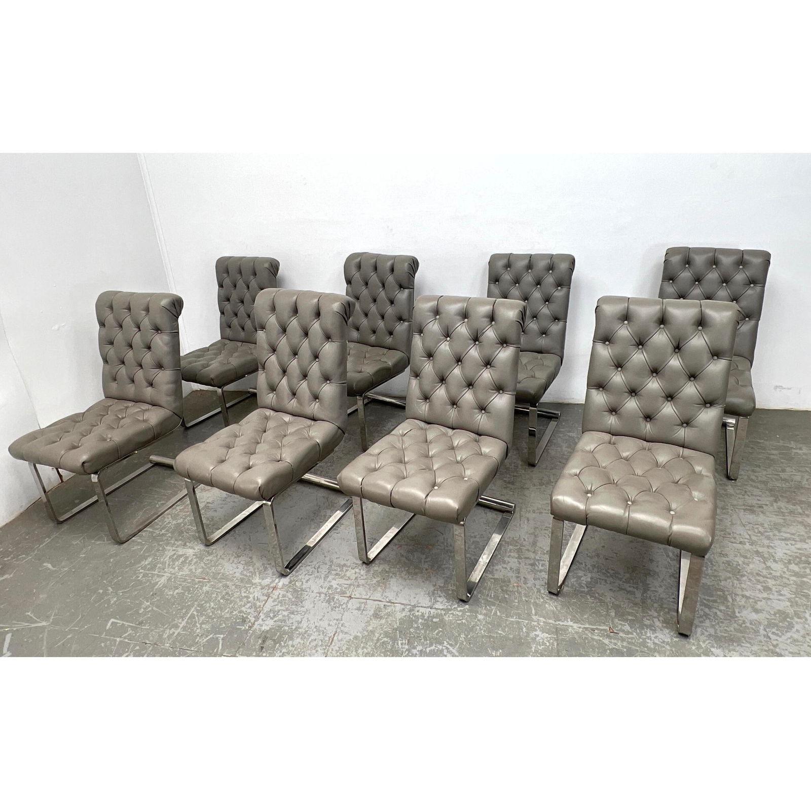 Set 8 Pace style Tufted Leather Dining Chairs. Cantilever Chrome Frames. Modernist Side Chairs. (1 of 20)