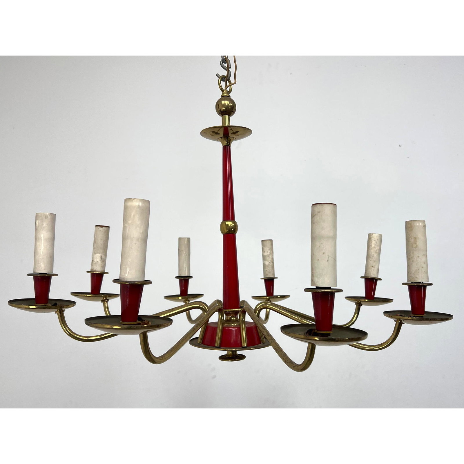 Red Enameled Brass Modernist Hanging Chandelier. Lighting. Probably Italian.: Red Enameled Brass Modernist Hanging Chandelier. Lighting. Probably Italian. Dimensions: Height: 19 inches, Width: 29 inches, Depth: 29 inches. ---