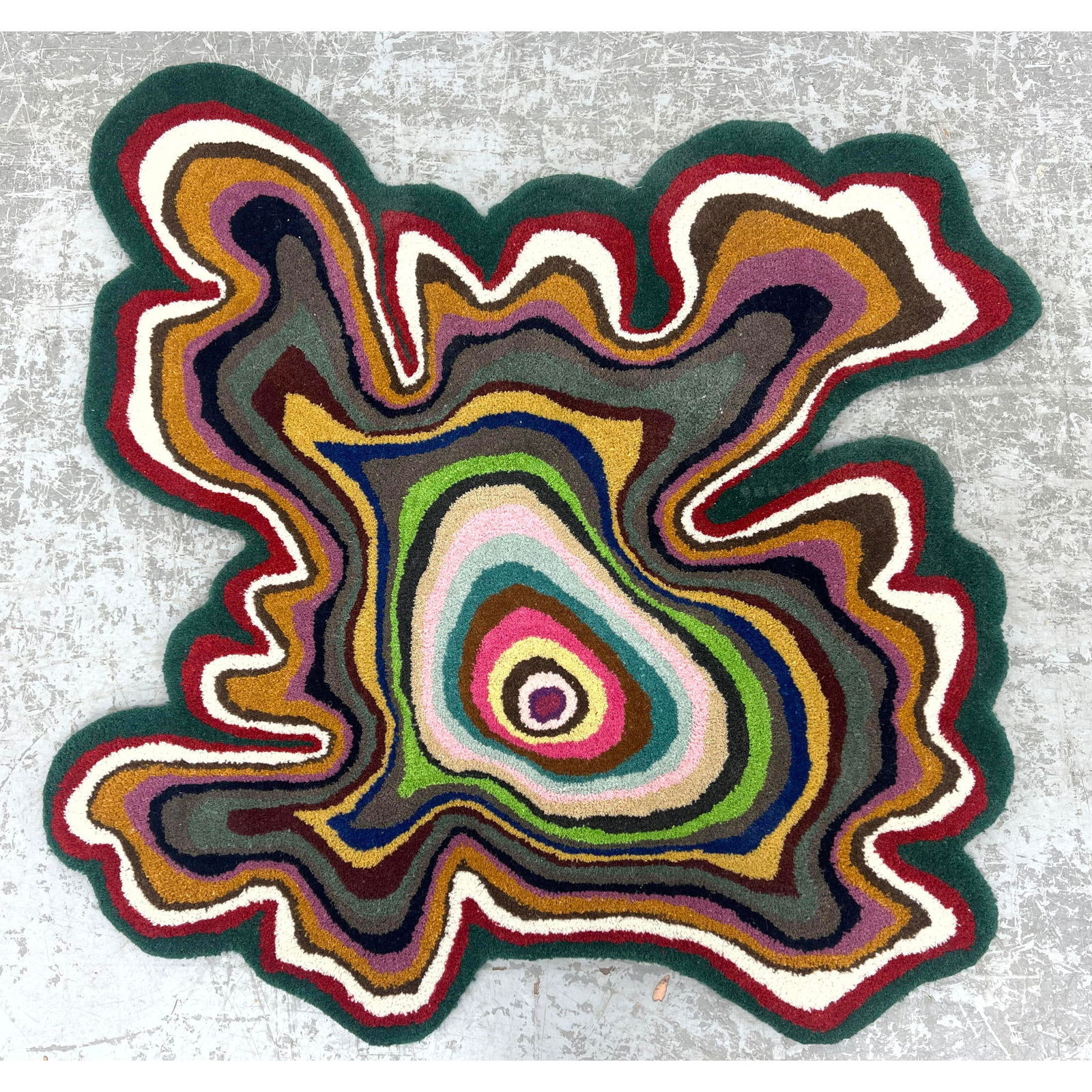 Colorful trippy contemporary carpet rug. Fun irregular border shape. Fried Egg. (1 of 11)
