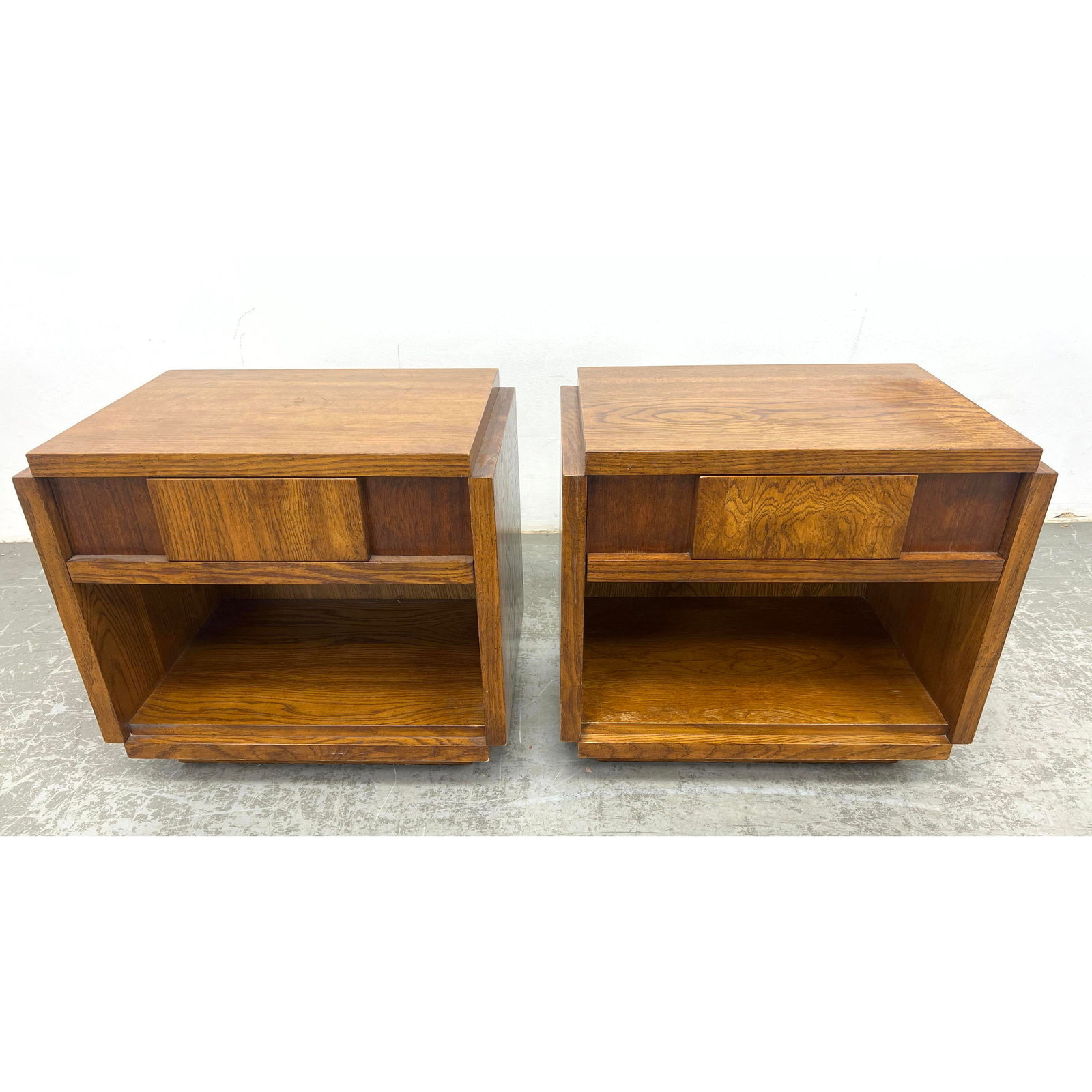 Pr LANE Cube form Night Stands. Single Drawer above Storage Cubby. Marked.: Pr LANE Cube form Night Stands. Single Drawer above Storage Cubby. Marked. Dimensions: Height: 22 inches, Width: 24 inches, Depth: 16 inches. ---