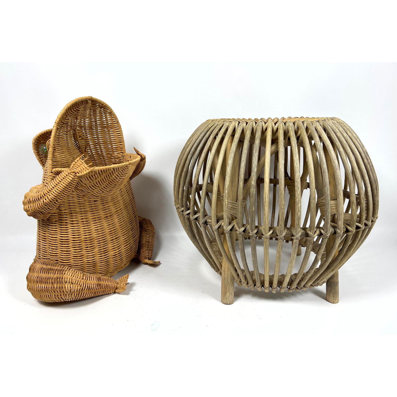 2pcs Wicker Rattan. Frog form hamper, Albini style stool. (1 of 16)