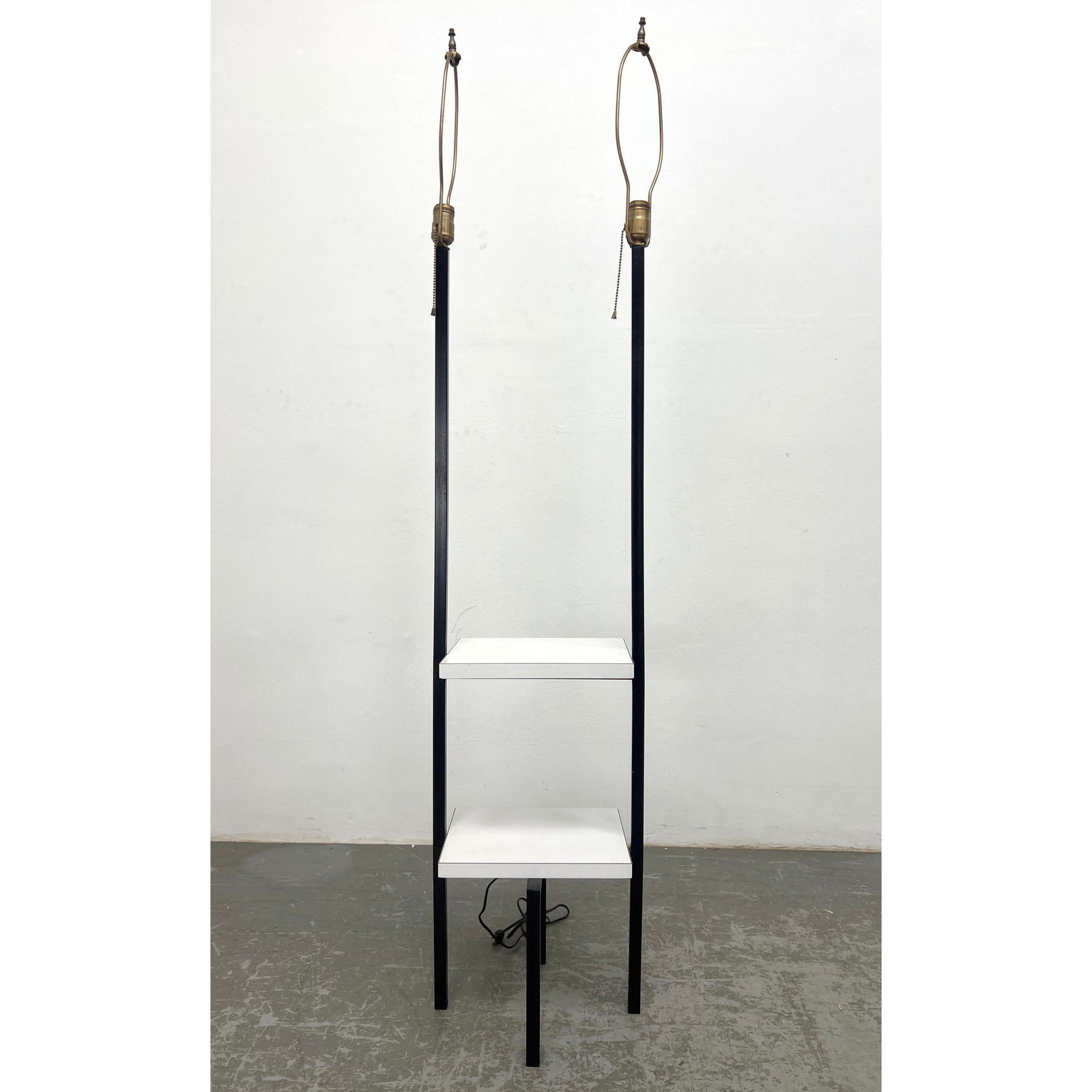 Double Light Floor lamp with white formica shelves. Double light fixtures. Metal frame. Vintage 1970 (1 of 11)