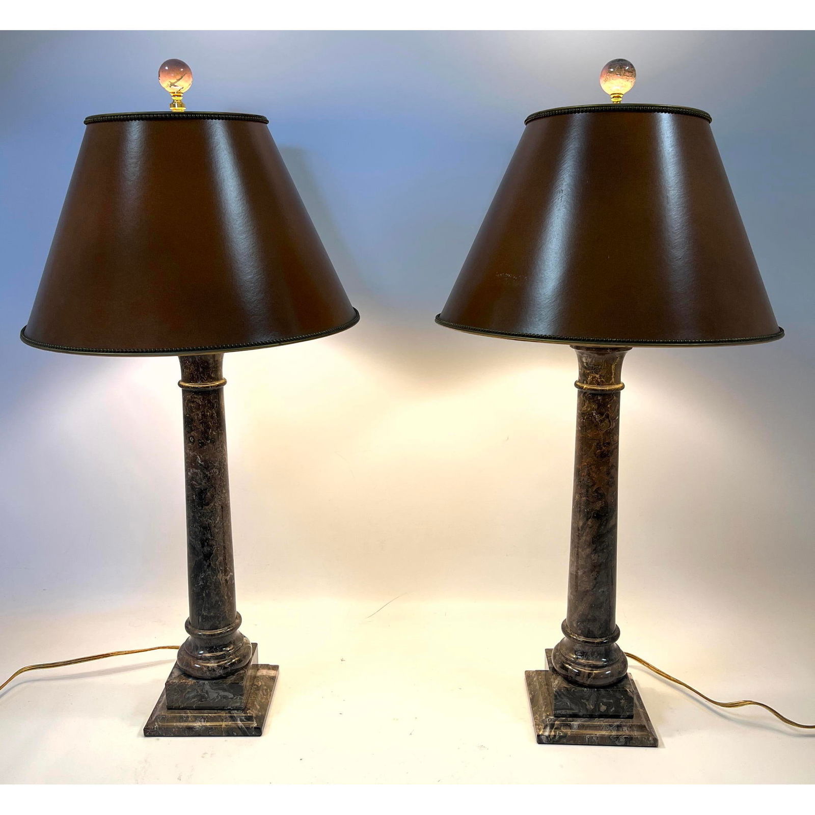 Pr Marble Classical Column Table Lamps. Designer Shades with Brass Bead Trim. (1 of 15)