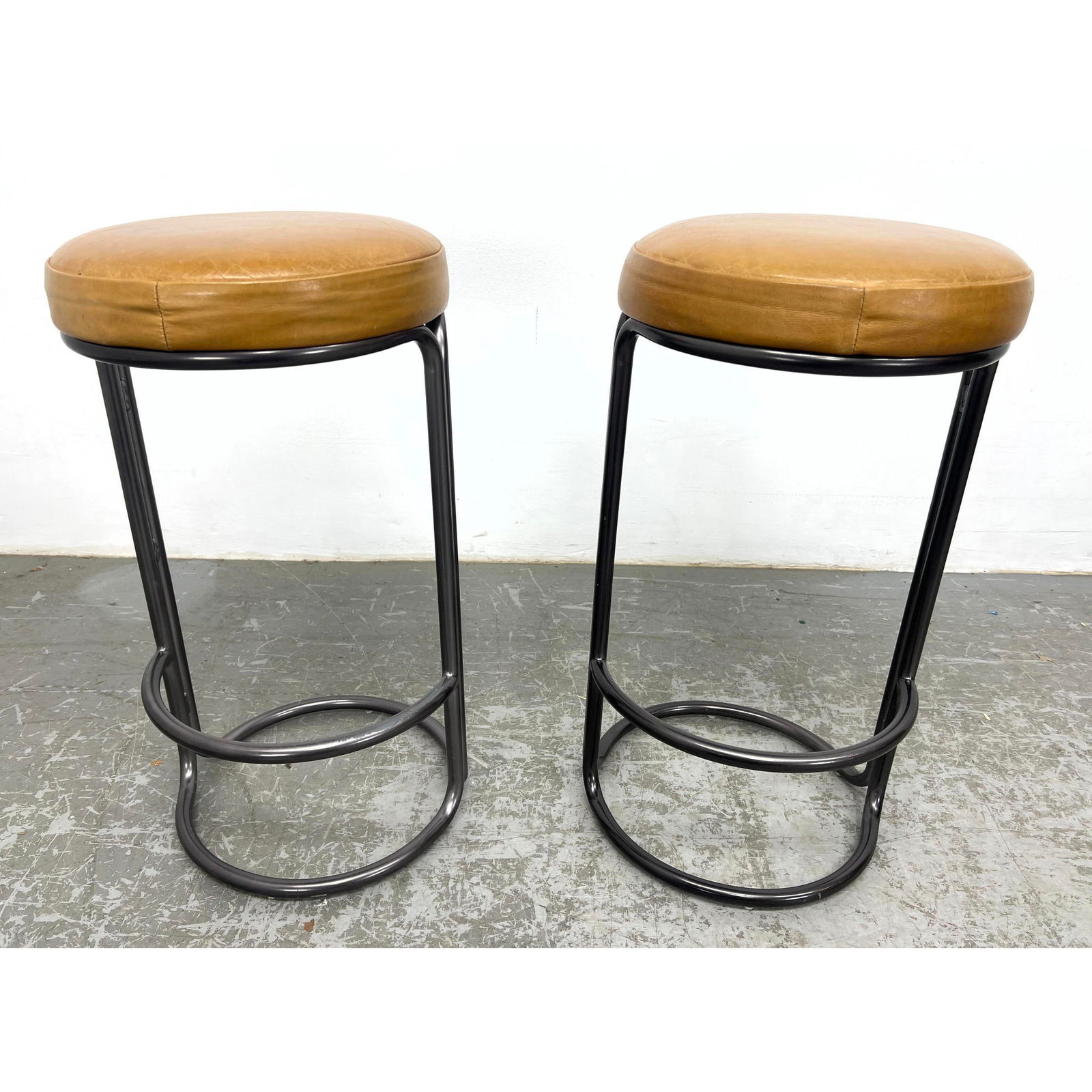 Pair Iron and Leather Cushion Bar Stools. (1 of 13)