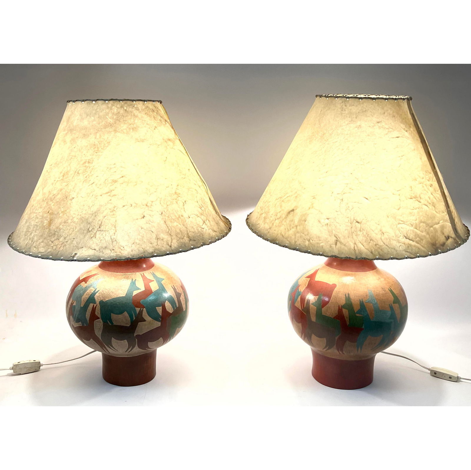 Pair Mid Century Hand Decorated Chilean Pottery Lamps with Original Goat Skin Shades. Decorator Styl (1 of 15)