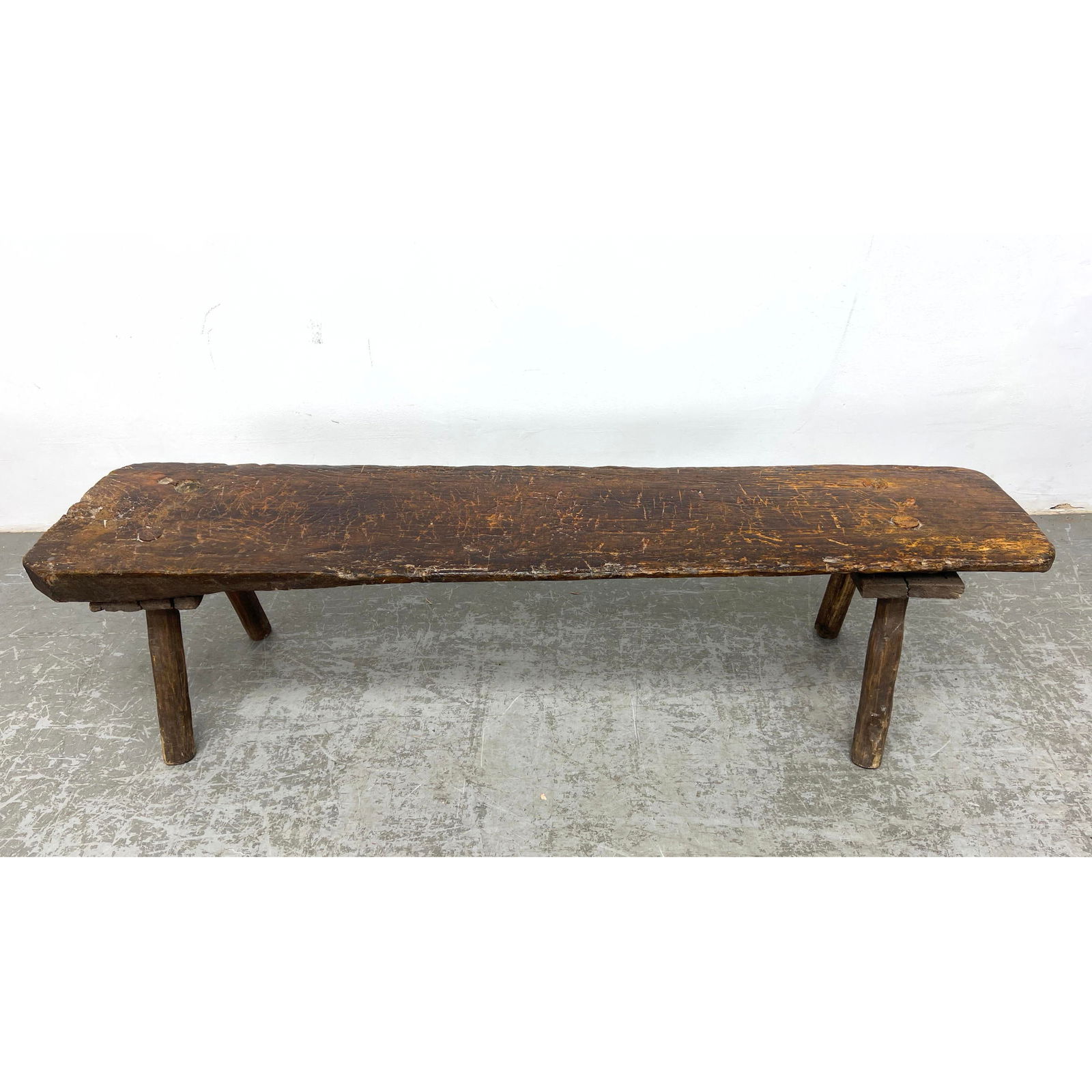 Primitive Antique Single Plank Wood Bench. Thick Top with thru dowel construction. (1 of 11)