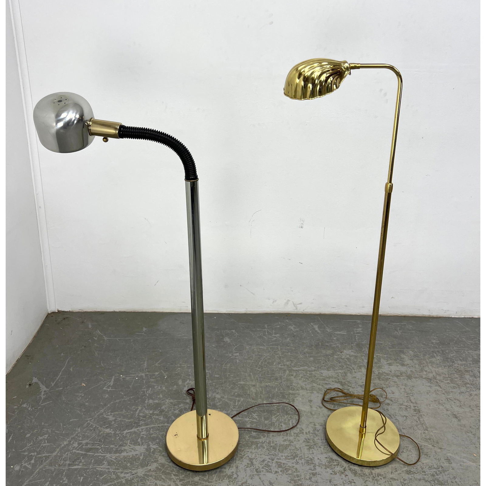 2pc Contemporary Metal Floor Lamps. 1) Brass Shell Form Shade Lamp. 2) Chrome Goose Neck Lamp. (1 of 15)
