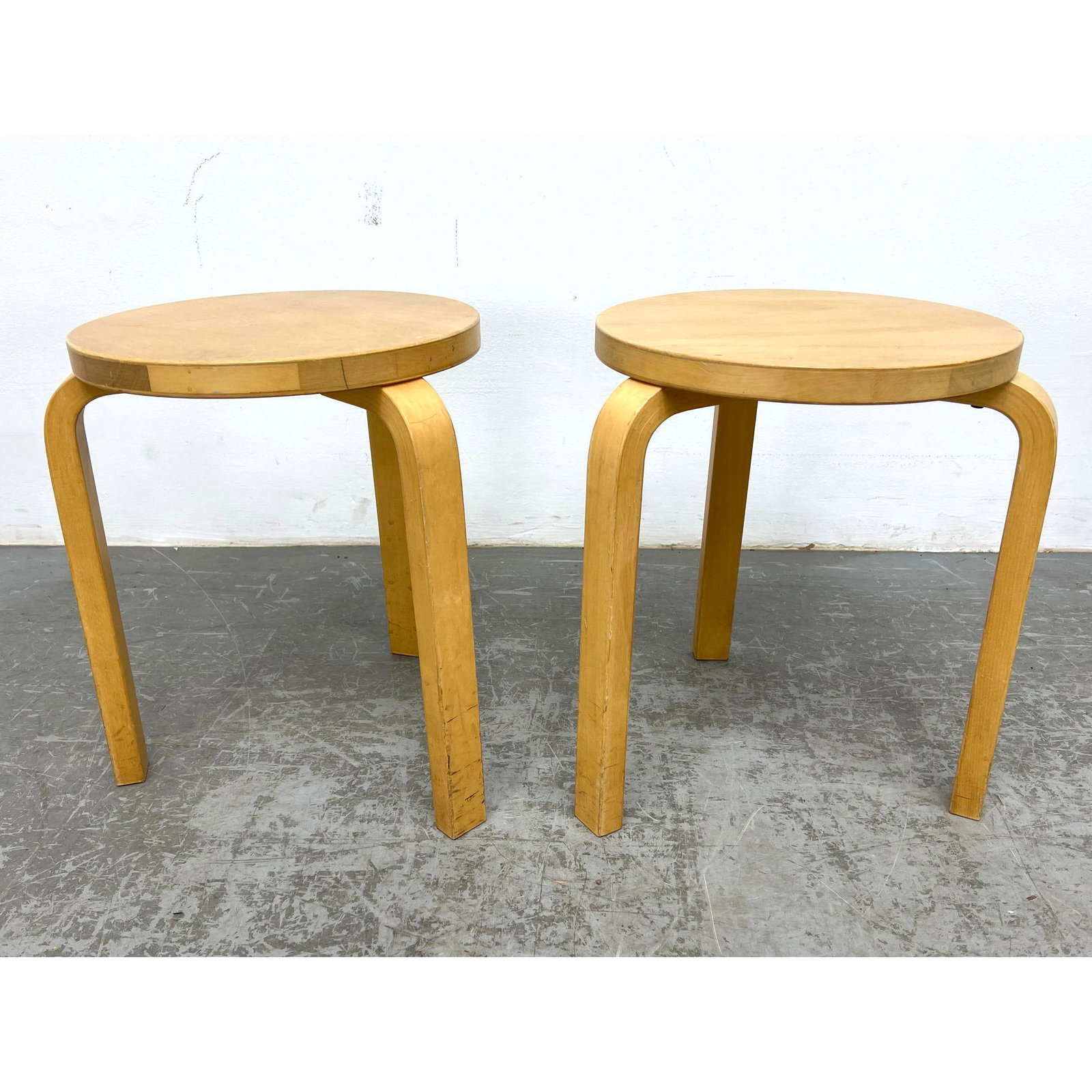 Pair Alvar Aalto Blonde Bent Plywood Stacking Stools Tables. Labeled ICF (1 of 13)