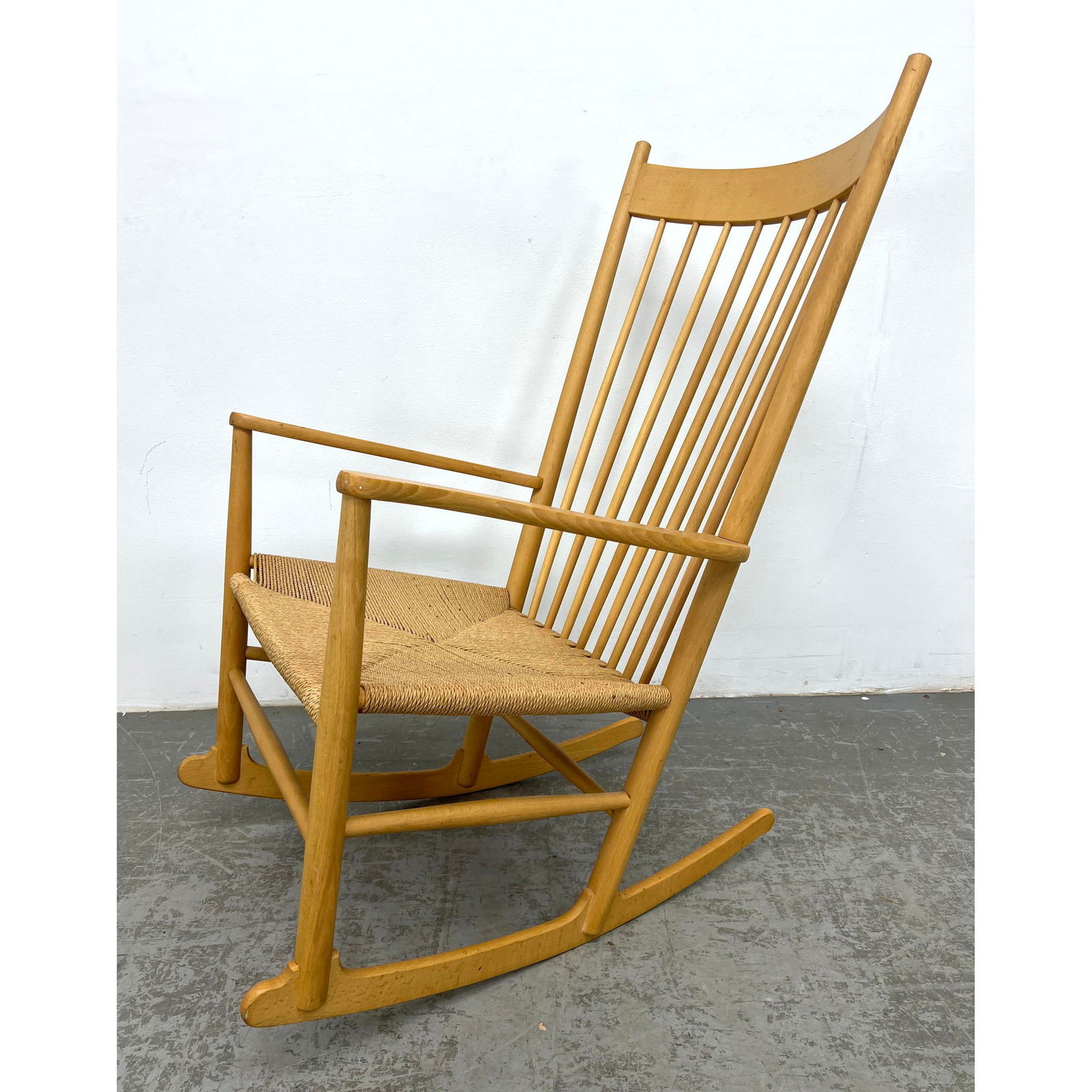 Danish Modern Hans Wegner FDB Mobler J16 Beech and Woven Jute Seat Rocking Chair Denmark. Label (1 of 11)