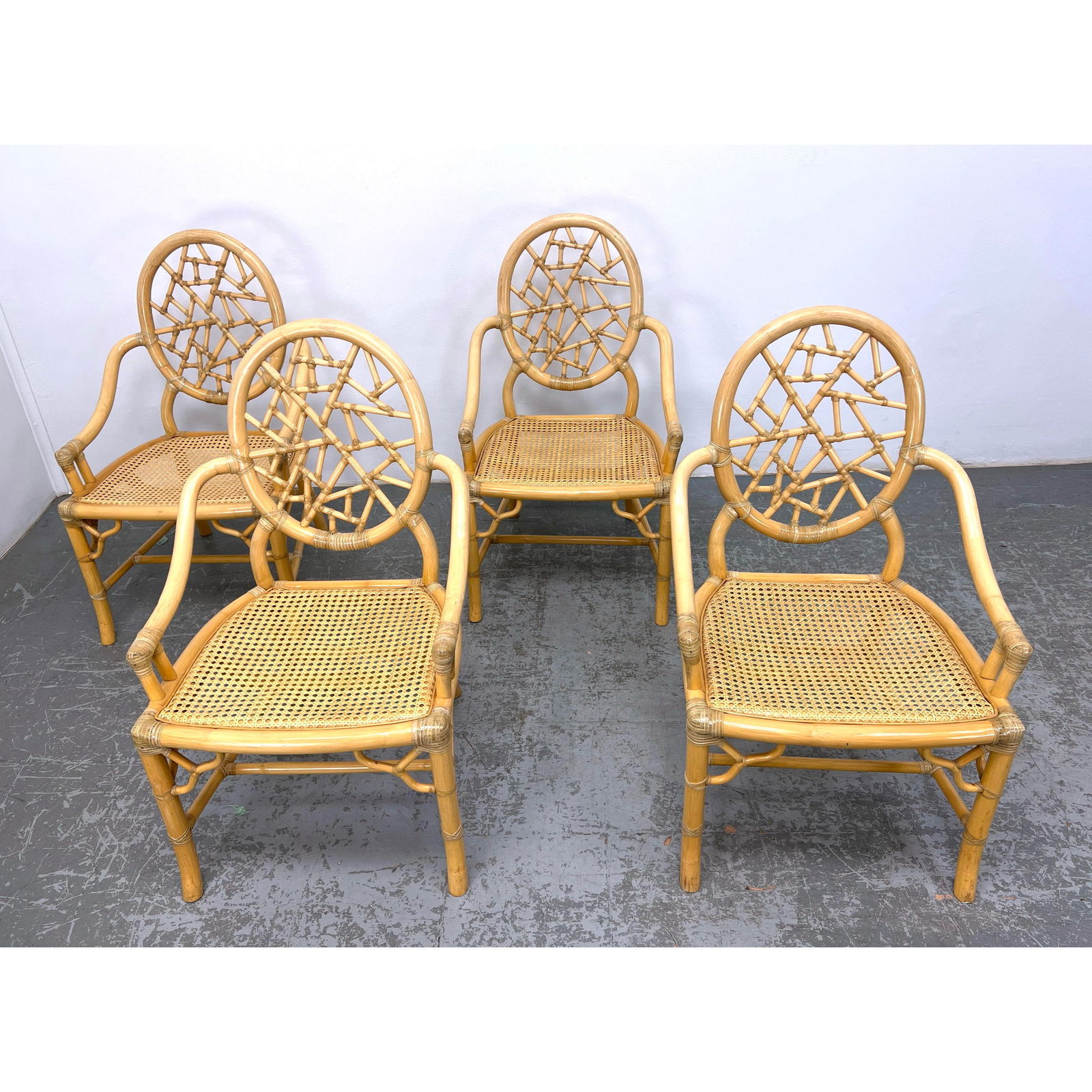 Set of 4 McGuire Rattan and Caned Side Chairs. Wrapped Joints and Cracked ice Backs. Unmarked. (1 of 12)