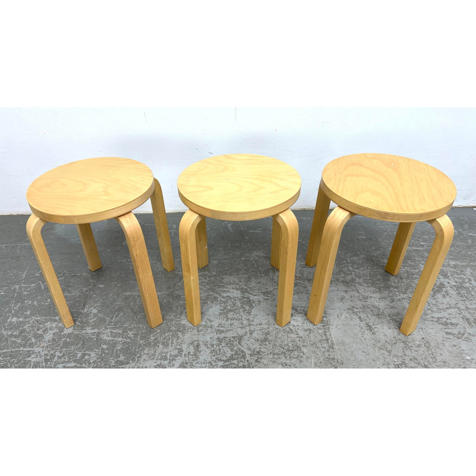 3 Alvar Aalto Blonde Bent Plywood Stacking Stools Tables. Signed (1 of 19)