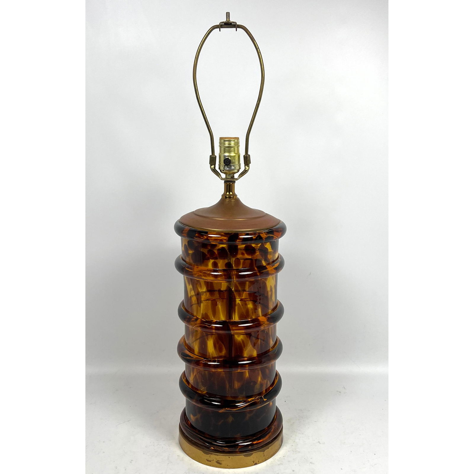 Paul Hanson dark amber glass lamp Ribbed design tortoise. Metal base label on socket (1 of 11)