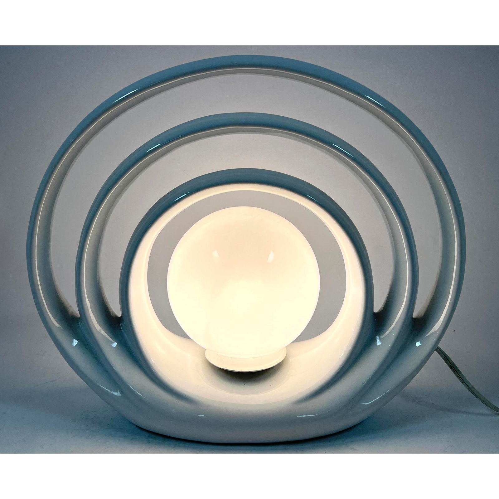 Art Deco Style White Ceramic Table Lamp. Modernist Triple Arched From Supports Glass Ball Shade. (1 of 12)