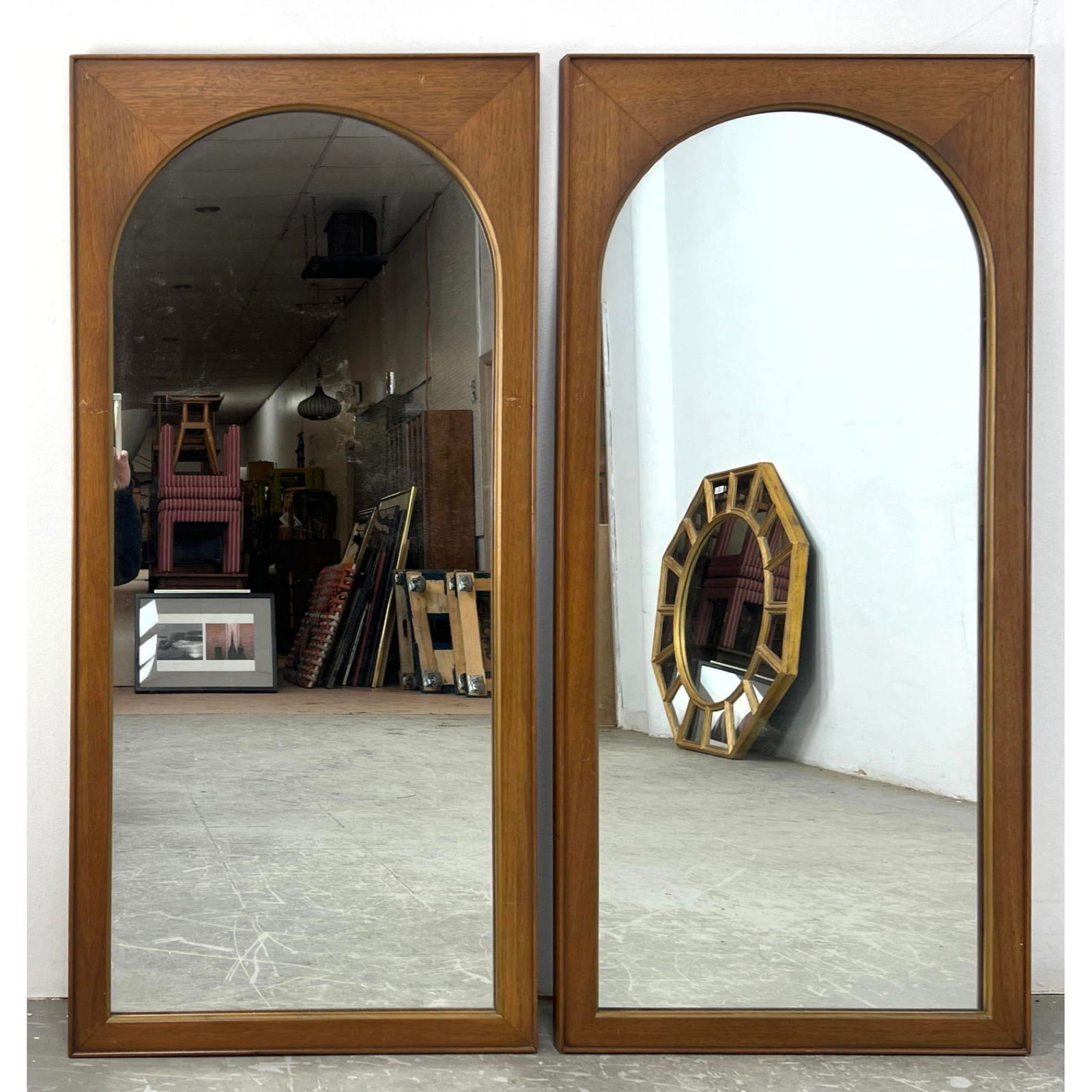 Pair 50s Mid Century Modern Walnut Wood Frame Arch Top Wall Mirrors (1 of 15)