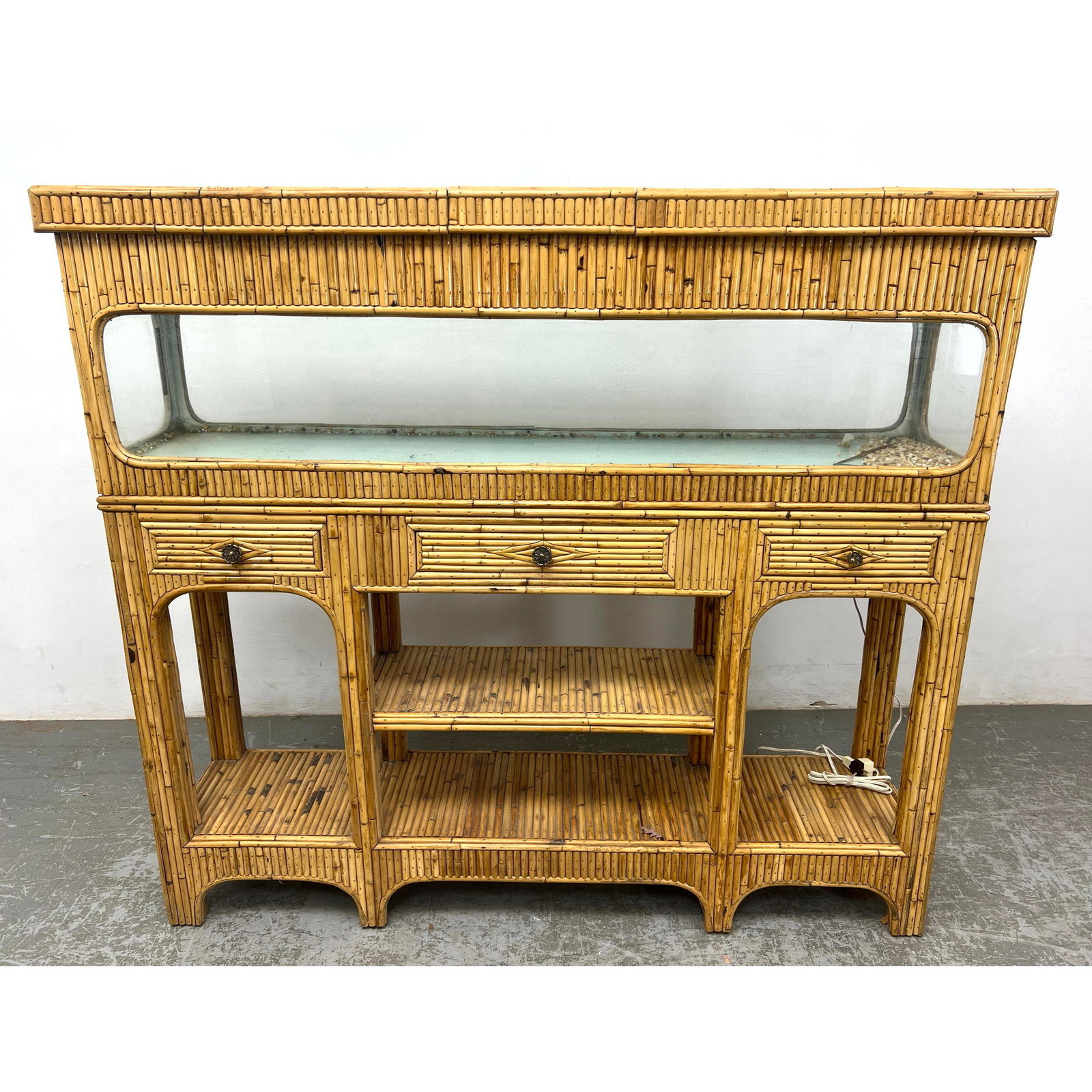 Vintage Pencil Reed Large Fish Tank Aquarium Cabinet.: Vintage Pencil Reed Large Fish Tank Aquarium Cabinet. Dimensions: Height: 57 inches, Width: 63 inches, Depth: 15 inches. ---