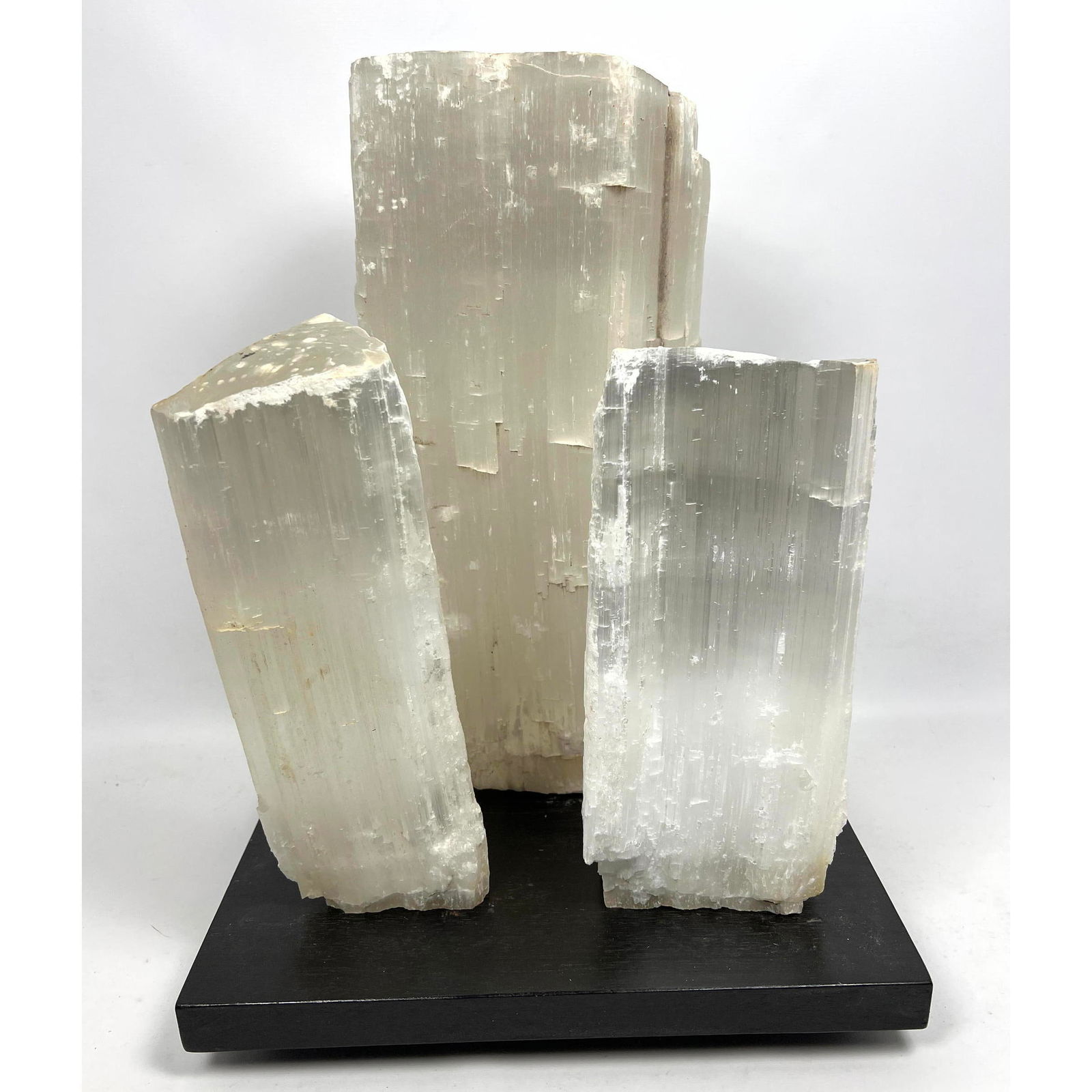 Geology rock specimens Sculpture. 3 large pieces of Selenite on platform base. (1 of 12)