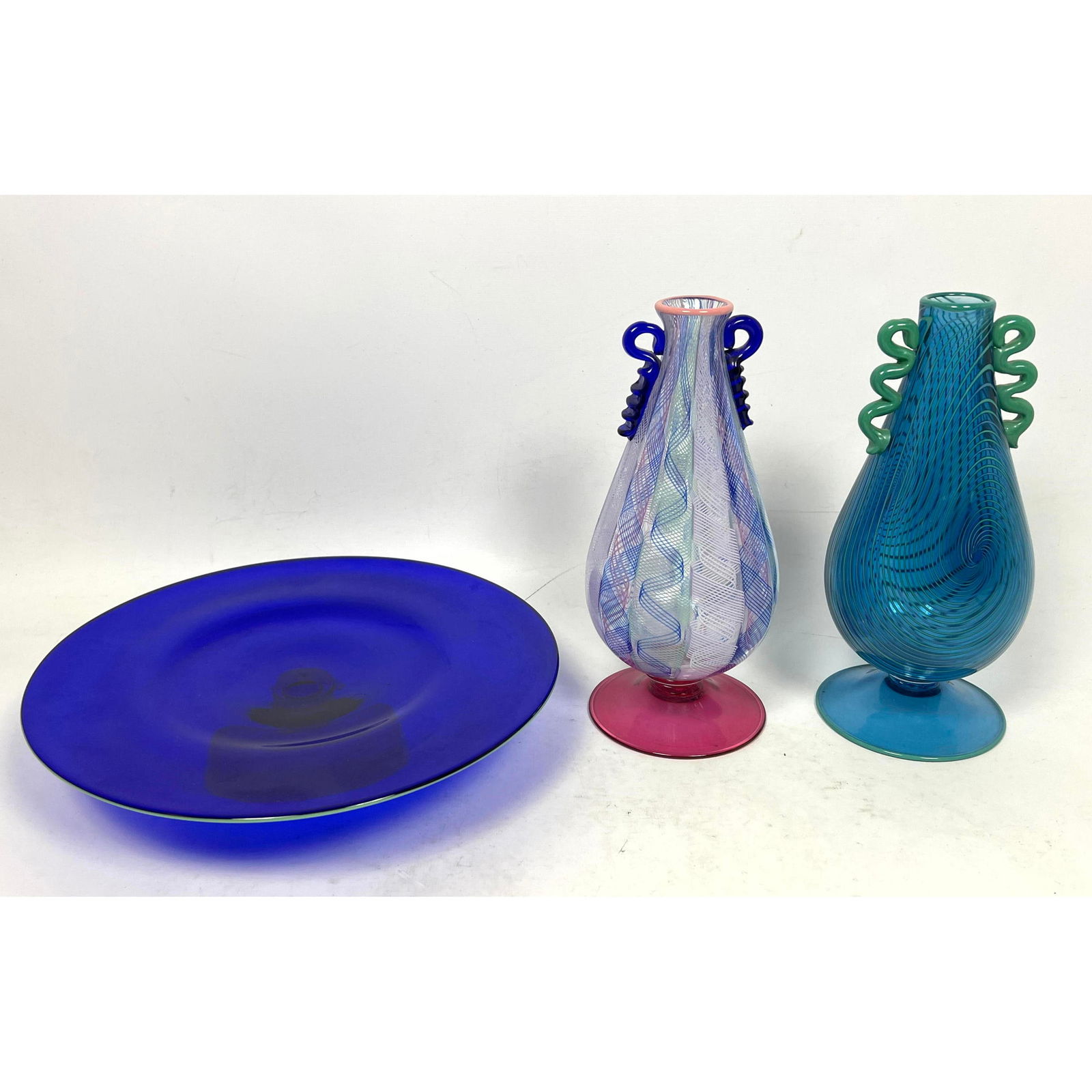 3pcs Art Glass. 2 Latticino vases and Low Compote.  All Signed. (1 of 19)