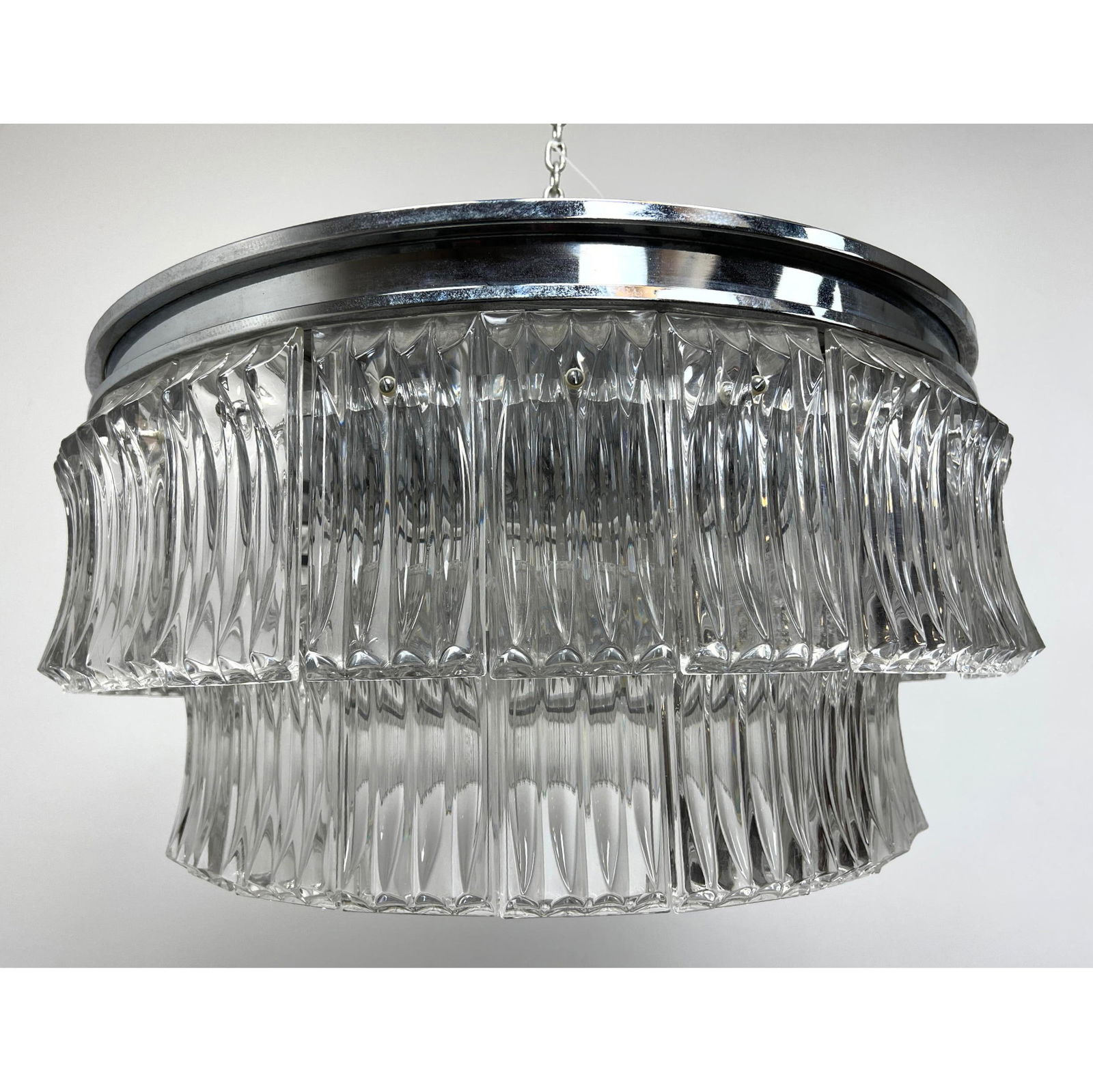 Mid Century Modern Italian Glass Chandelier. 2 levels of thick glass panels. Possibly Venini.: Mid Century Modern Italian Glass Chandelier. 2 levels of thick glass panels. Possibly Venini. Dimensions: Height: 14.5 inches, Width: 29 inches, Depth: 29 inches. --- - We offer curbside delivery for