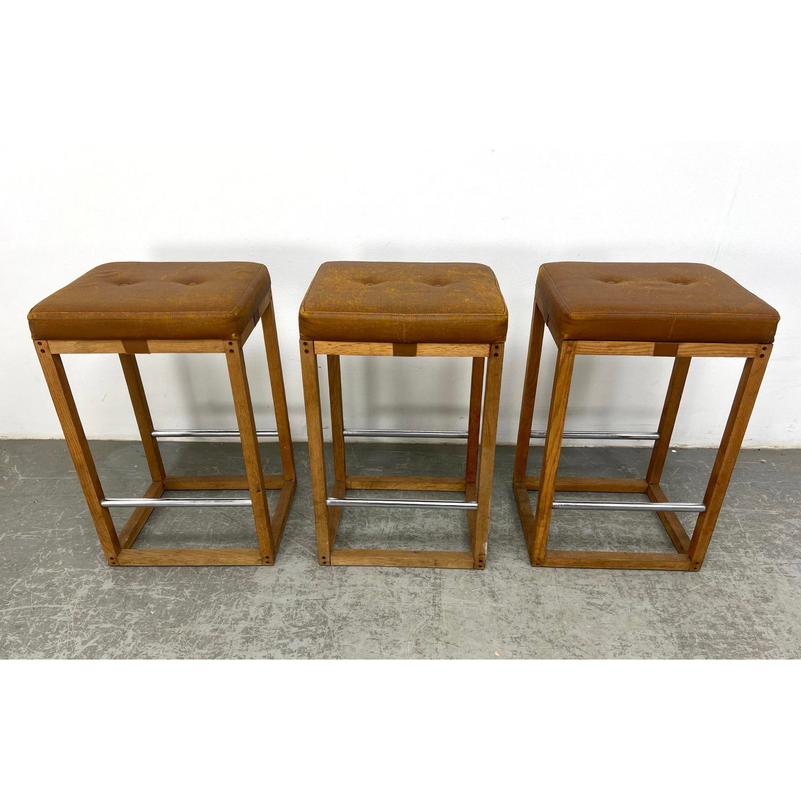 Set 3 B and R Upholstered Cushion Bar Stools. Square Wood Frames. with Foot Rest. Label. (1 of 18)