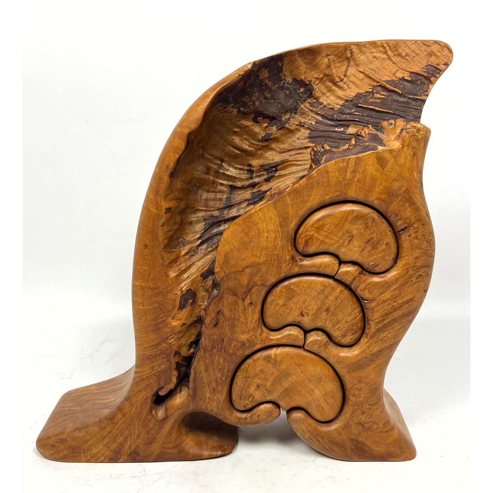 Studio Craft Maple Burl Jewelry Box. Organic sculptural form with 3 small drawers. Marked. (1 of 11)