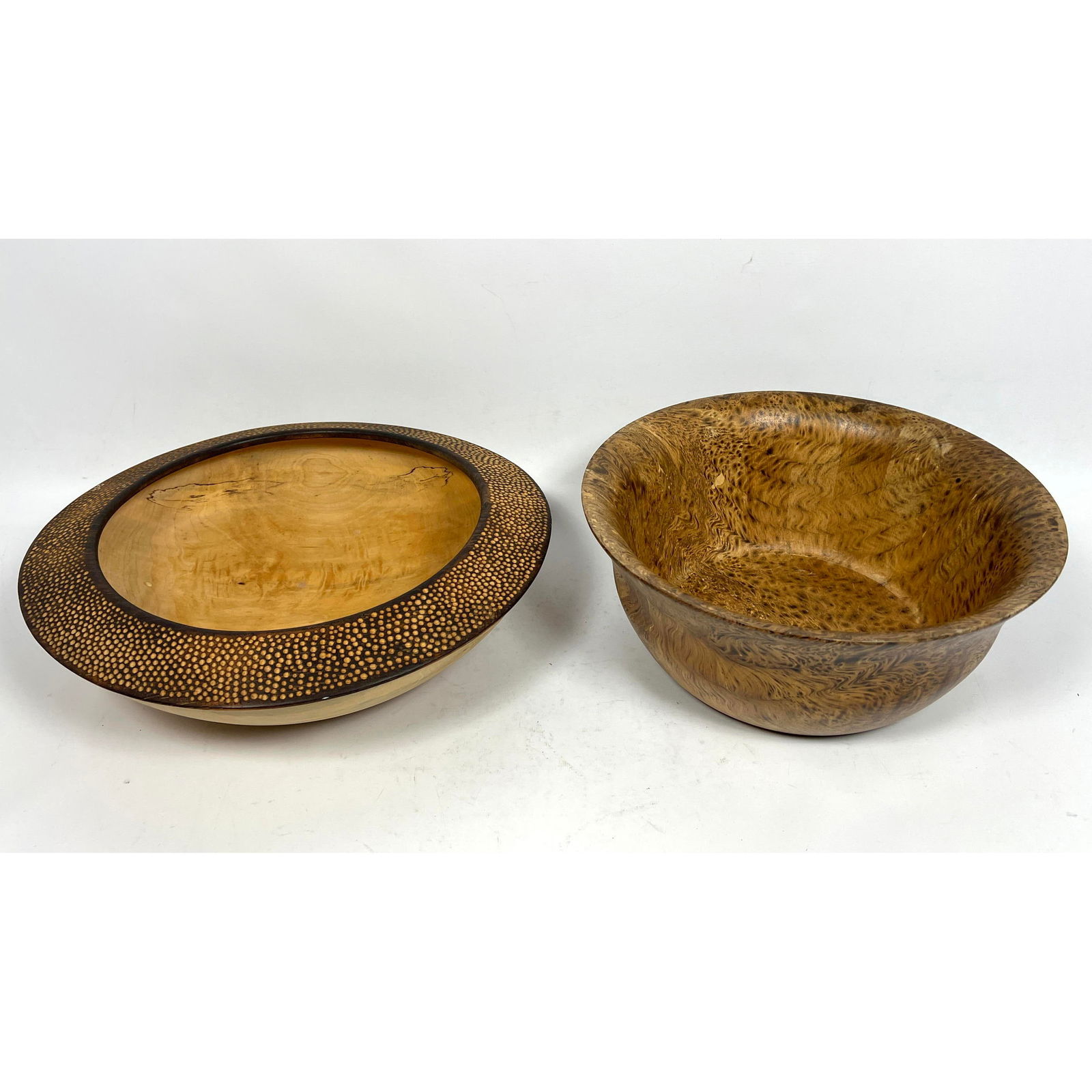 2pc Artisan Studio Woodworker Wood Bowls Signed Nicola Aloisio 2005 and LT: 2pc Artisan Studio Woodworker Wood Bowls Signed Nicola Aloisio 2005 and LT Dimensions: Height: 4 inches, Width: 14.5 inches, Depth: 14.5 inches. - Additional Dimensions: taller H: 5.25 inches, W: 12.5