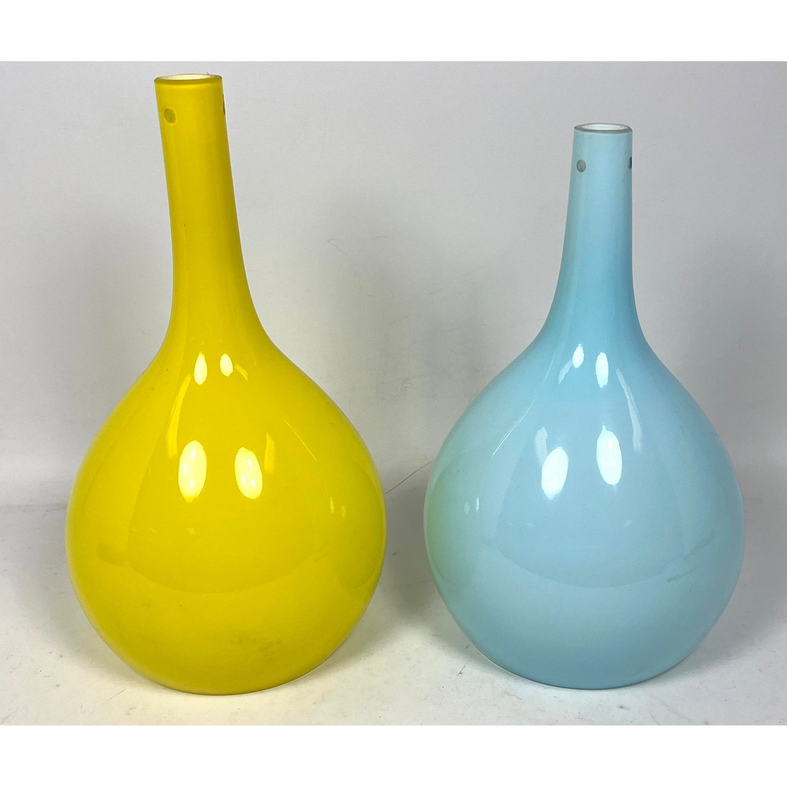 2pc blown Italian glass hanging pendant light shades. Yellow and Pale Blue Bottle Form. Paper Label: (1 of 13)
