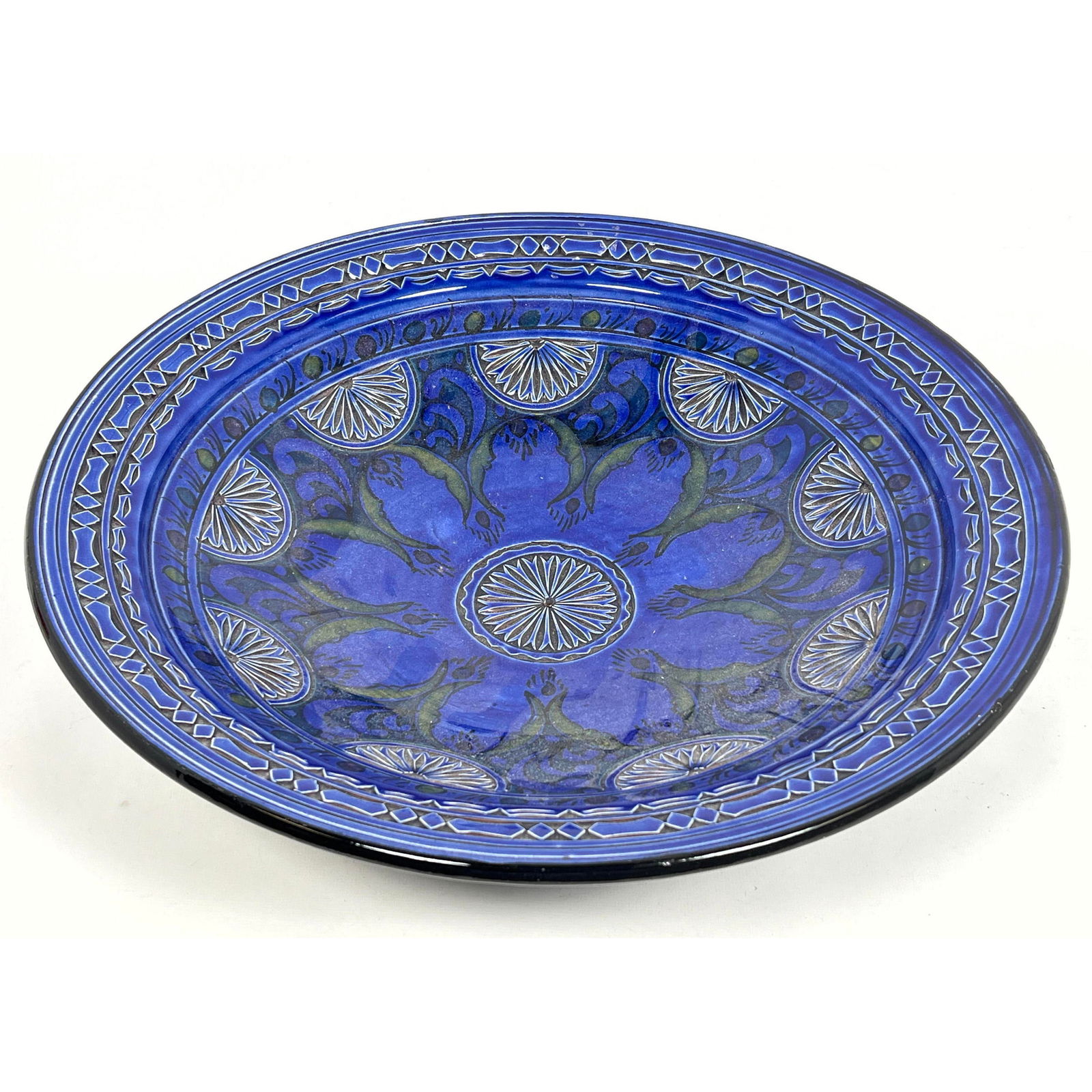 Italian Blue Glazed Pottery Console Bowl Italy Bitossi Style: Italian Blue Glazed Pottery Console Bowl Italy Bitossi Style Dimensions: Height: 16 inches, Width: 16 inches, Depth: 3.5 inches. --- - We offer curbside delivery for most items to NYC, Manhattan, Clos